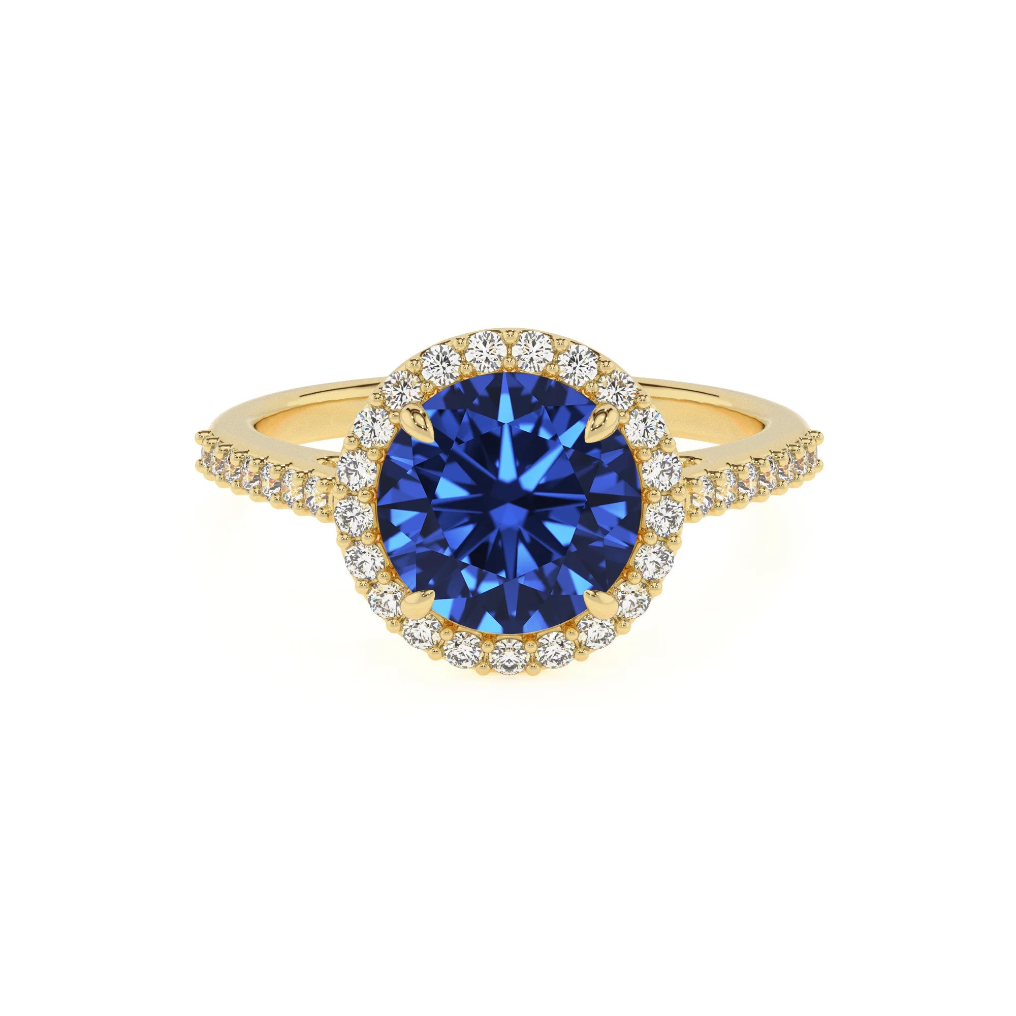 lab grown blue-sapphire round solitaire rings in yellow gold
