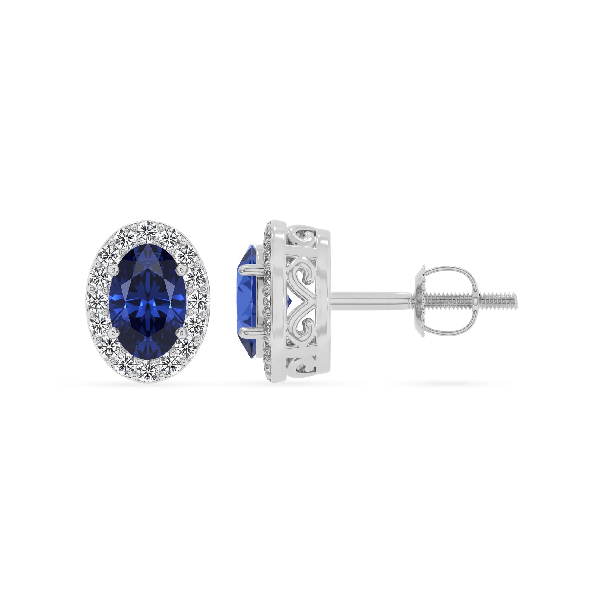 lab grown blue sapphire oval stud earrings in white gold