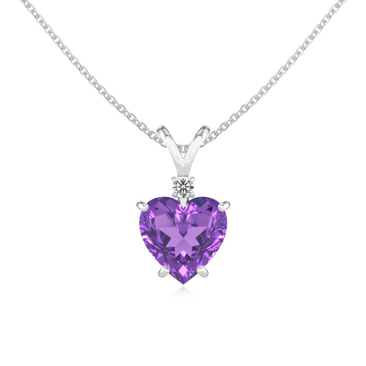 lab grown amethyst heart solitaire v-bale necklaces in sterling silver