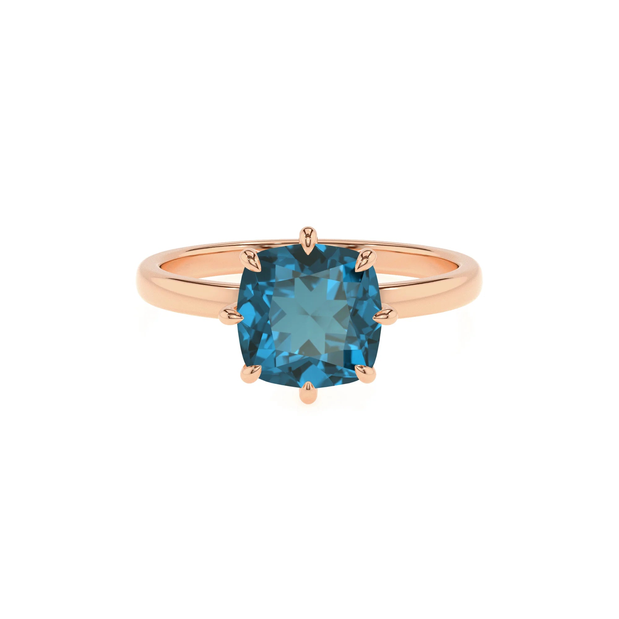 natural london-blue-topaz cushion solitaire rings in rose gold
