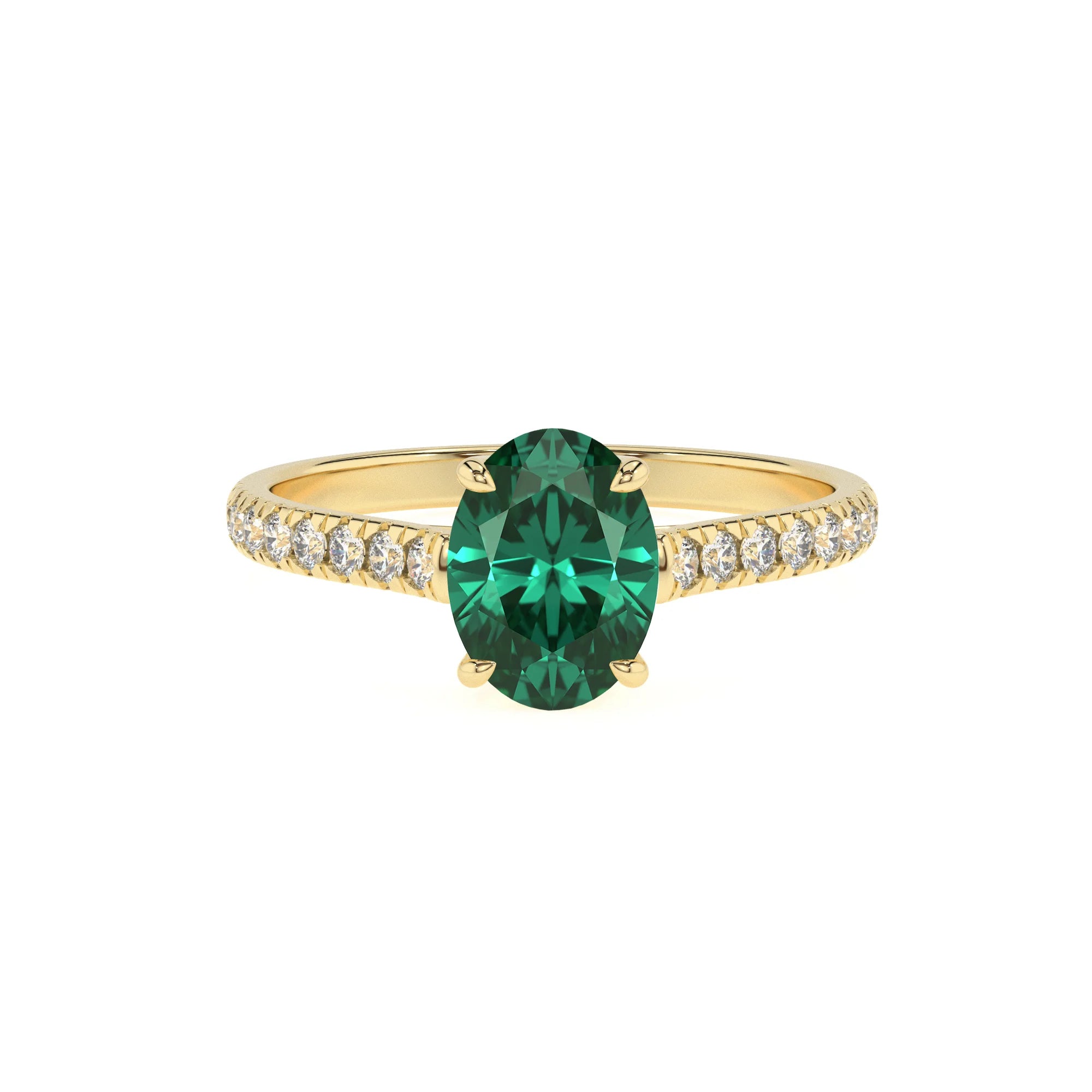 lab grown emerald oval half eternity solitaire engagement rings in yellow gold