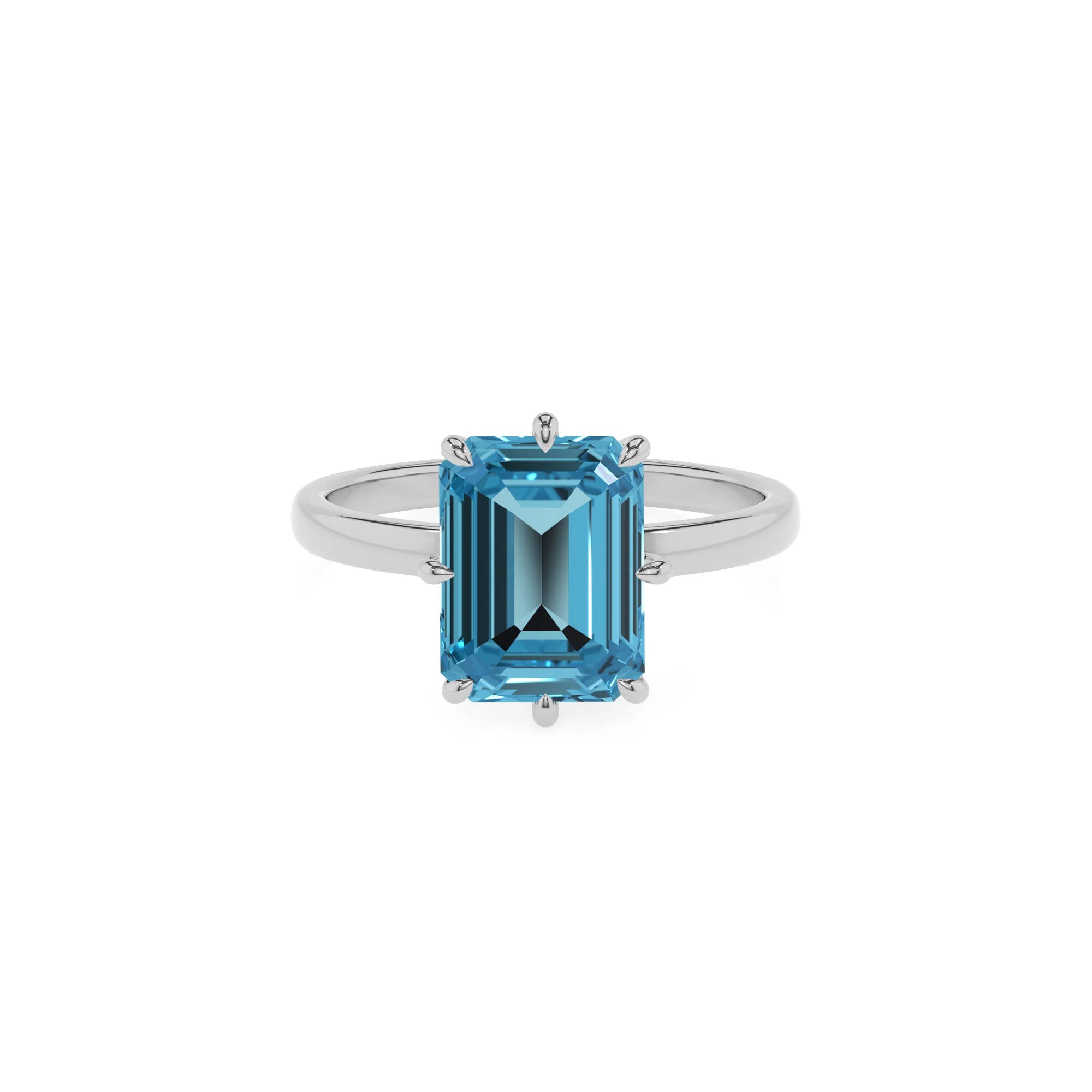 natural swiss-blue-topaz emerald cut solitaire rings in platinum