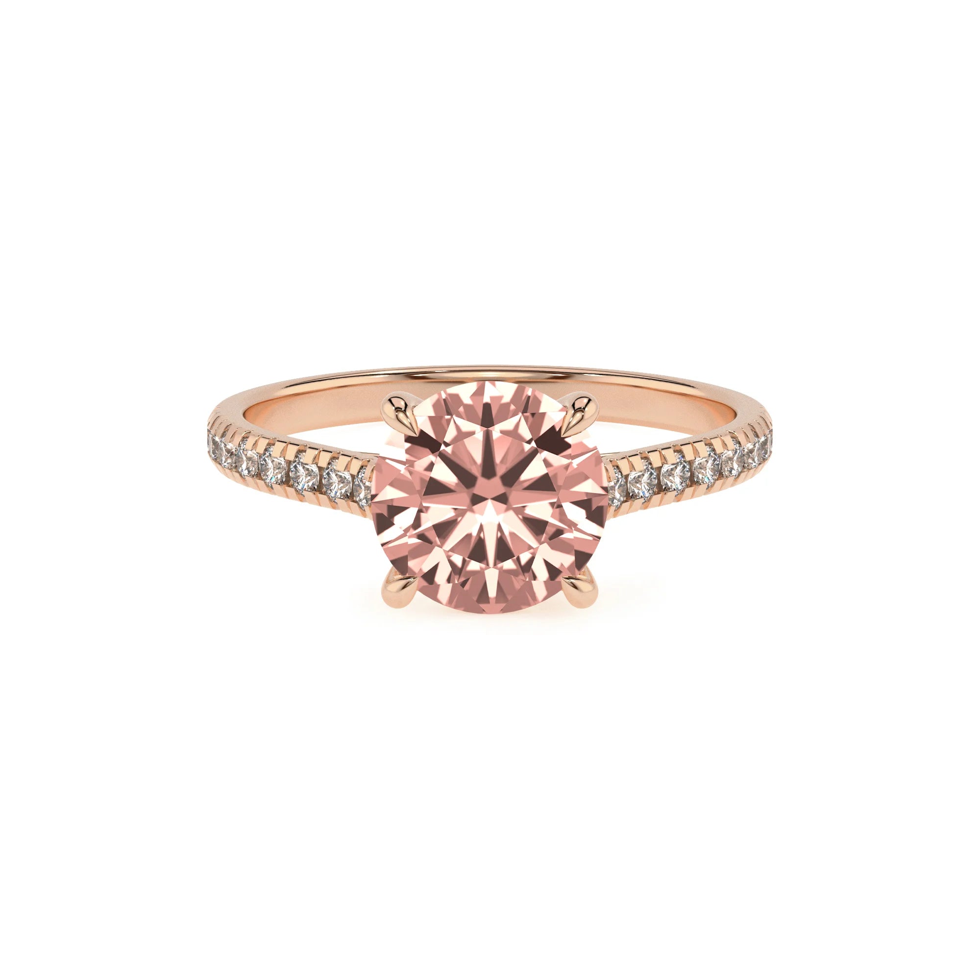 lab grown morganite round half eternity solitaire engagement rings in rose gold