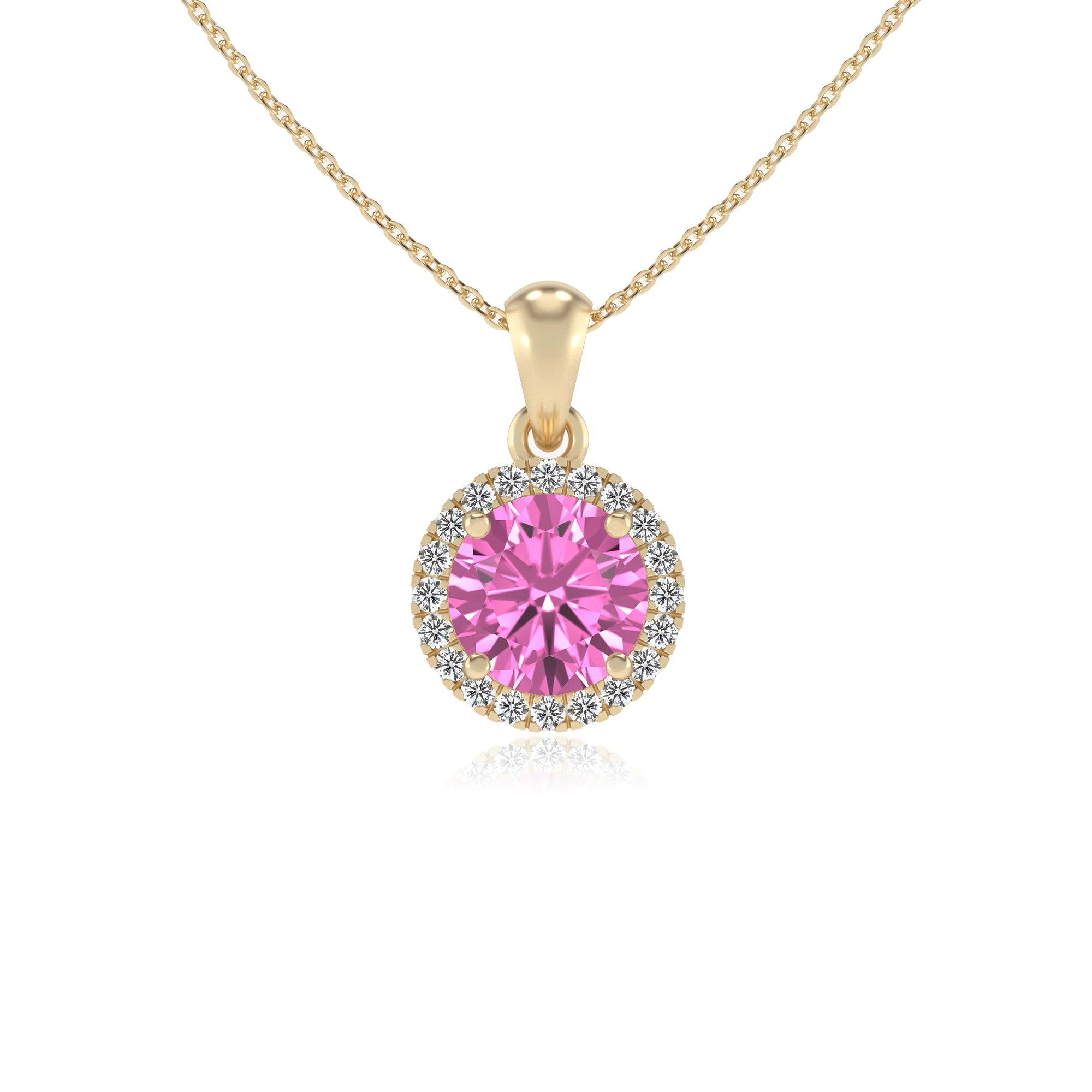 lab grown pink-sapphire round solitaire necklaces in yellow gold