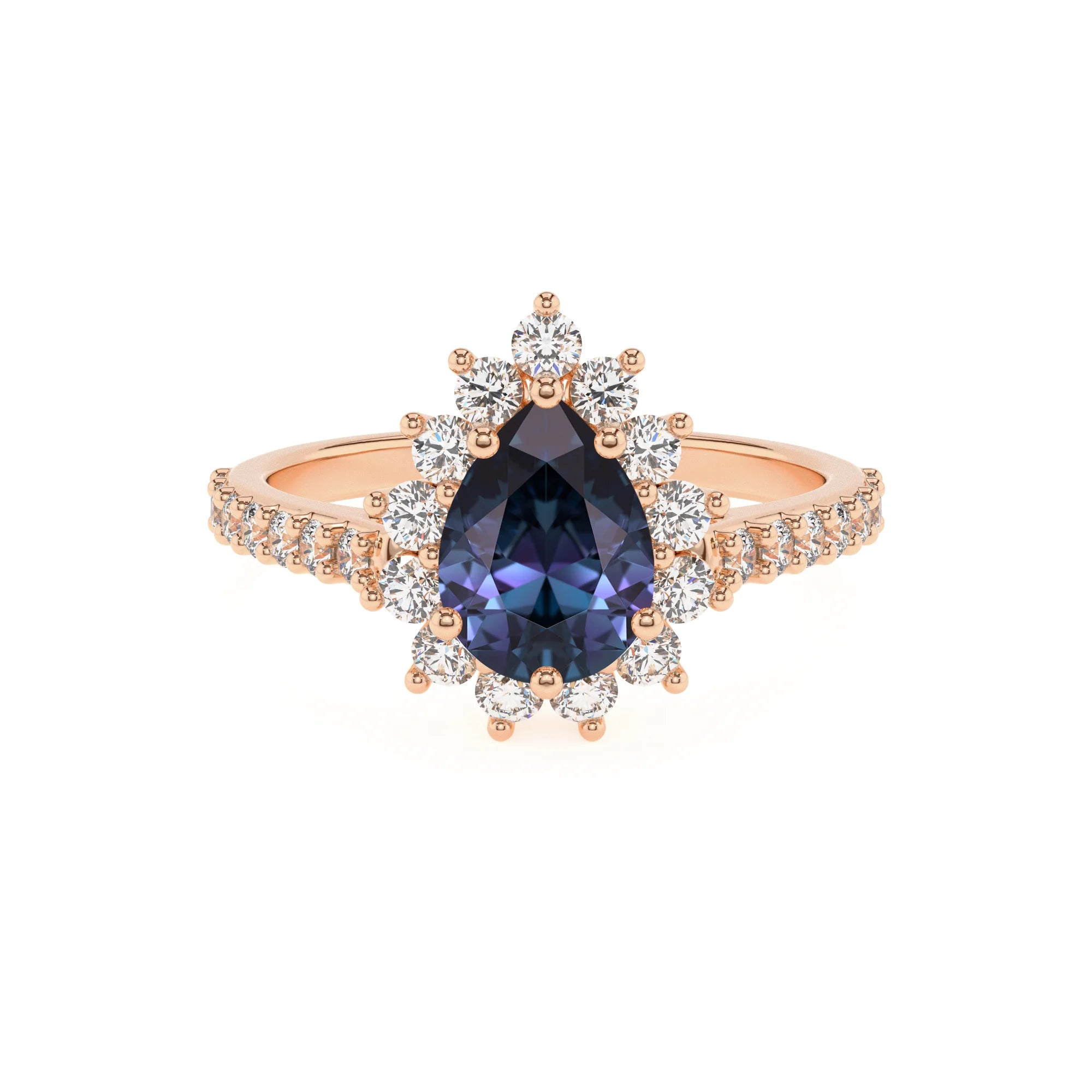 lab grown alexandrite pear solitaire rings in rose gold