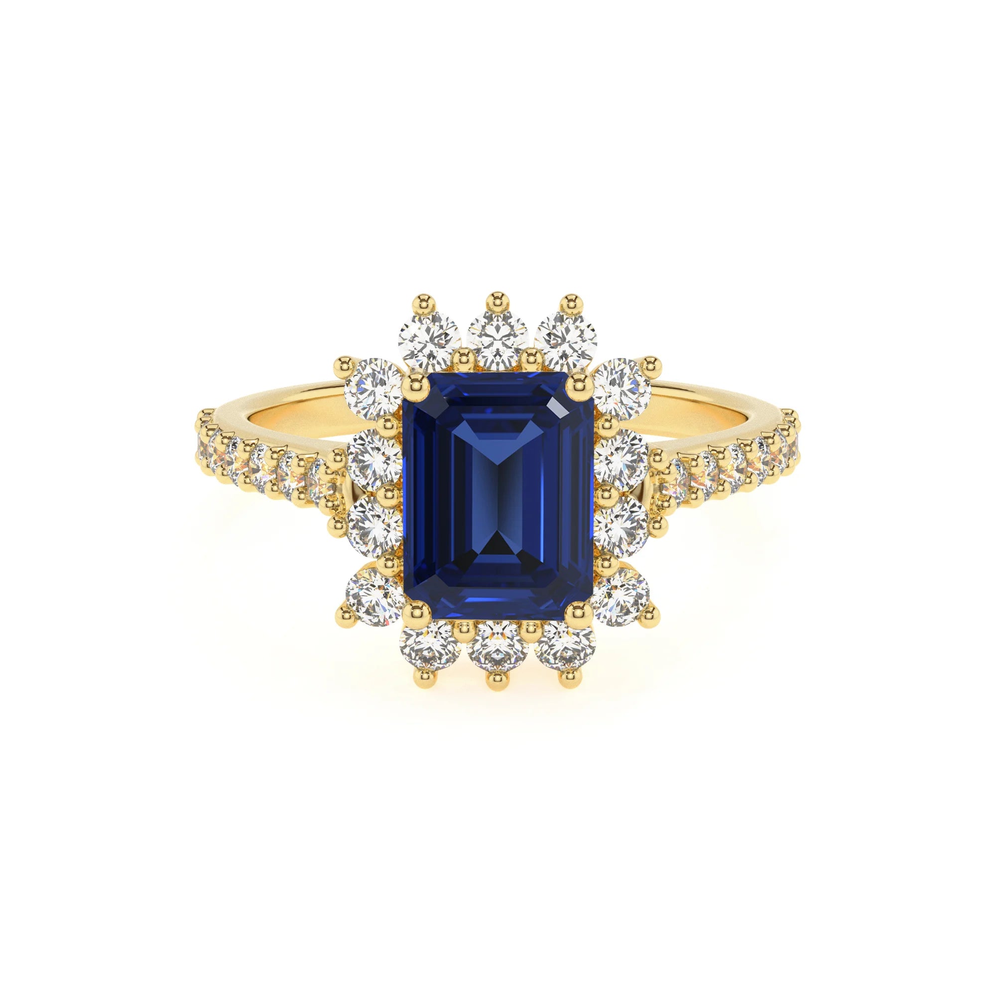 lab grown blue-sapphire emerald cut solitaire rings in yellow gold