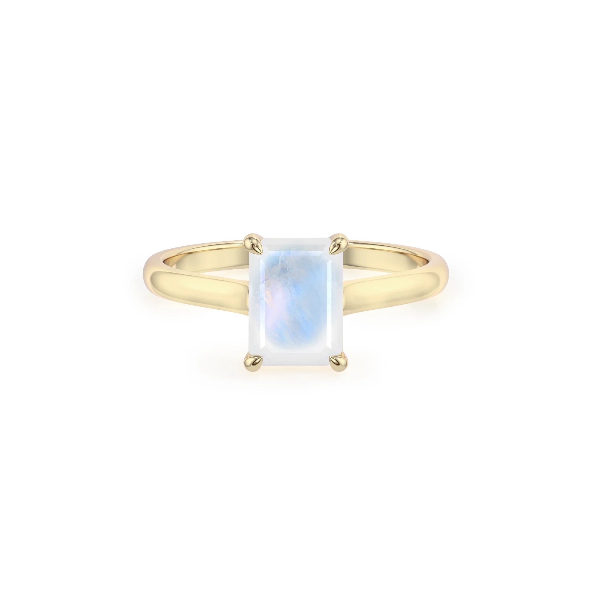 natural rainbow-moonstone emerald cut solitaire rings in yellow gold