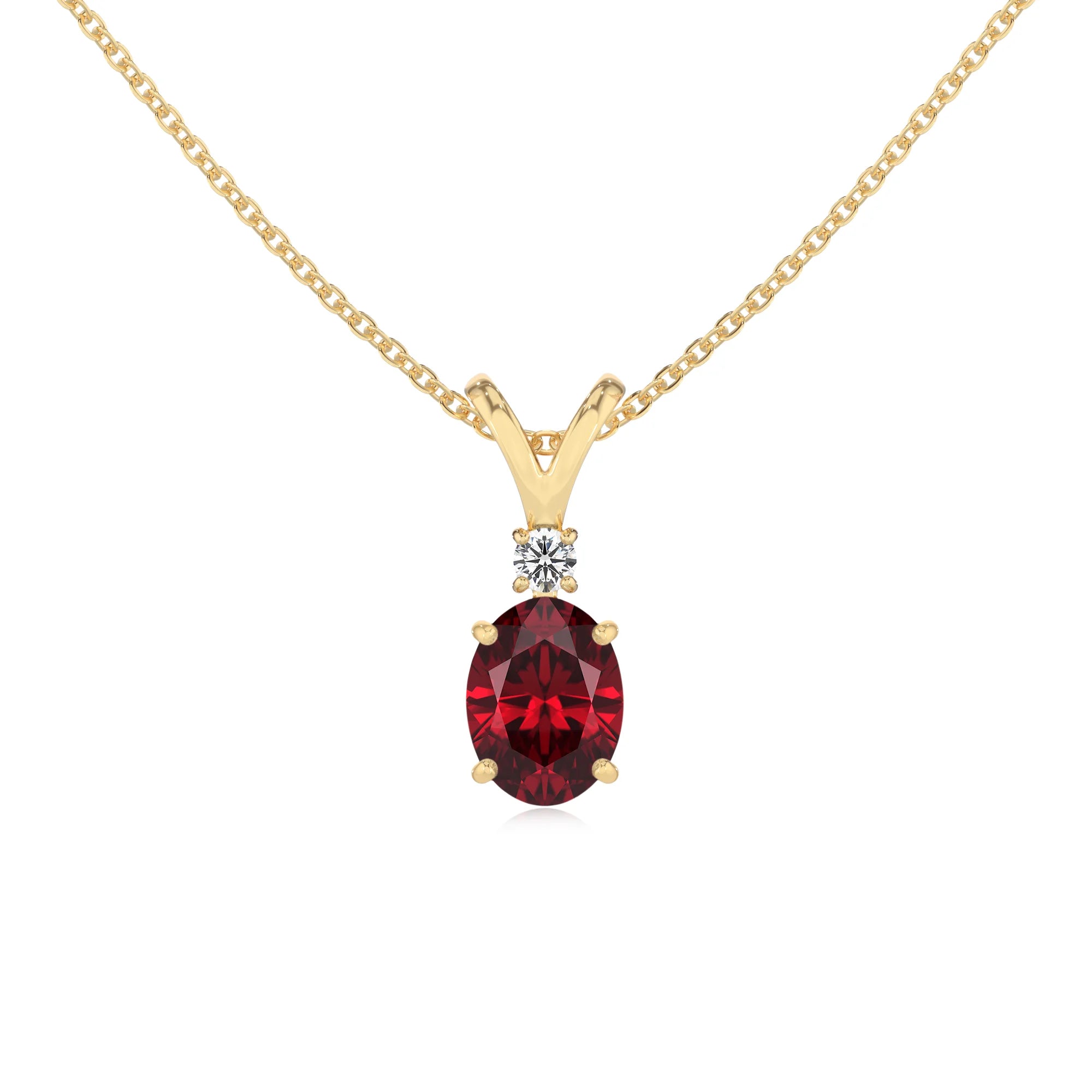 lab grown ruby oval solitaire v-bale necklaces in sterling silver