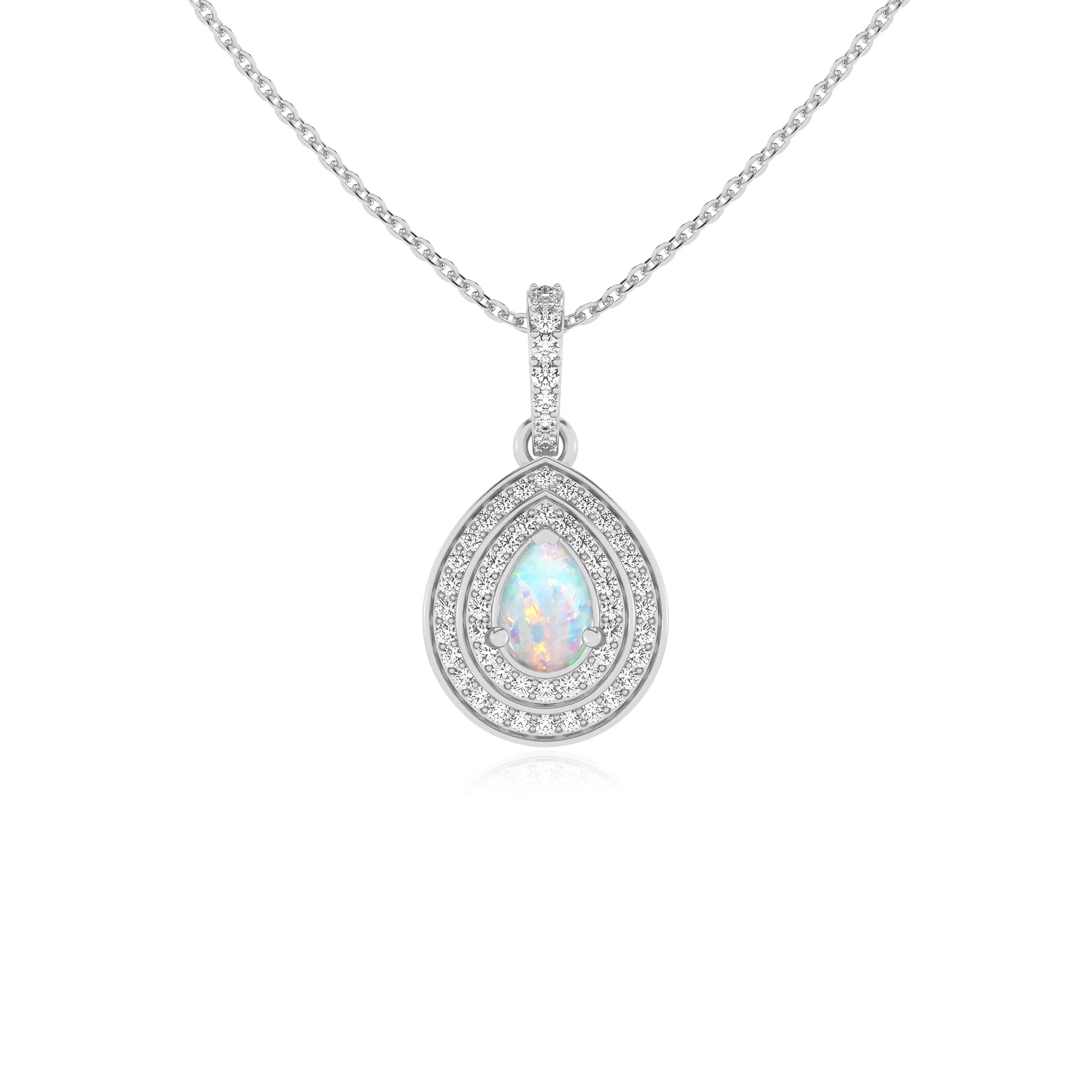 lab grown opal pear halo necklaces in platinum