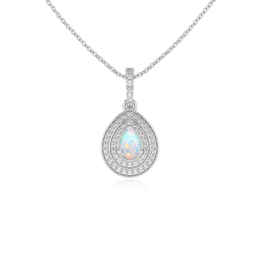 lab grown opal pear halo necklaces in platinum