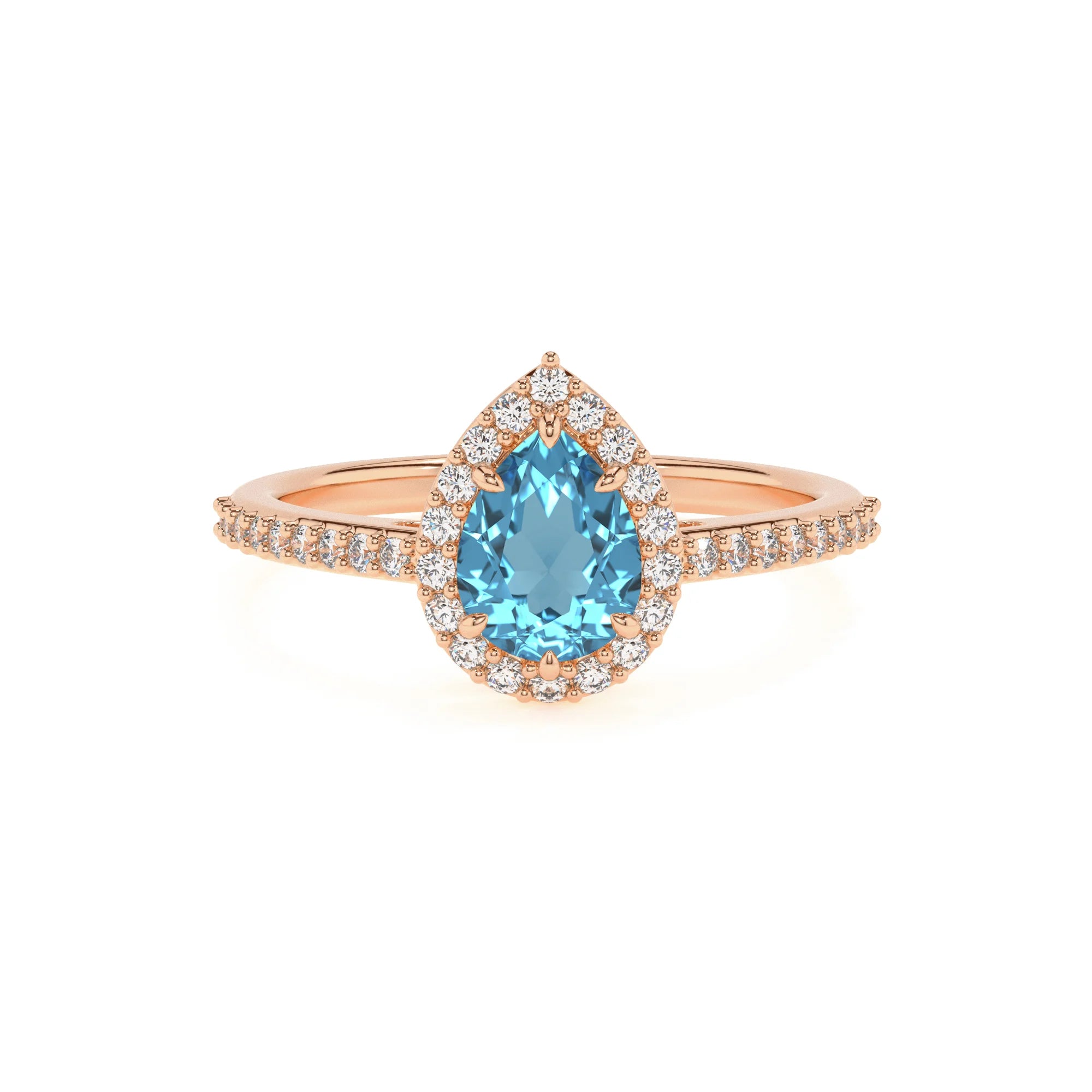 natural swiss-blue-topaz pear solitaire rings in rose gold