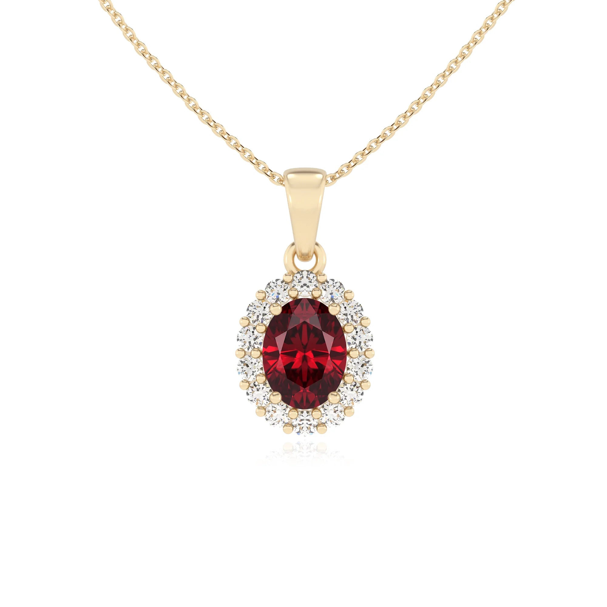 lab grown ruby oval solitaire necklaces in yellow gold
