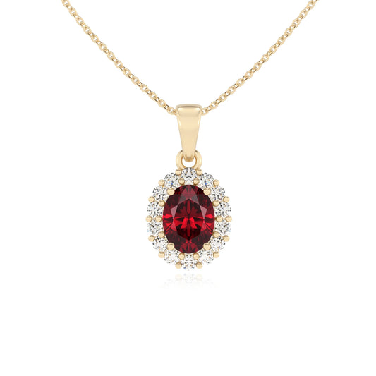 lab grown ruby oval solitaire necklaces in yellow gold