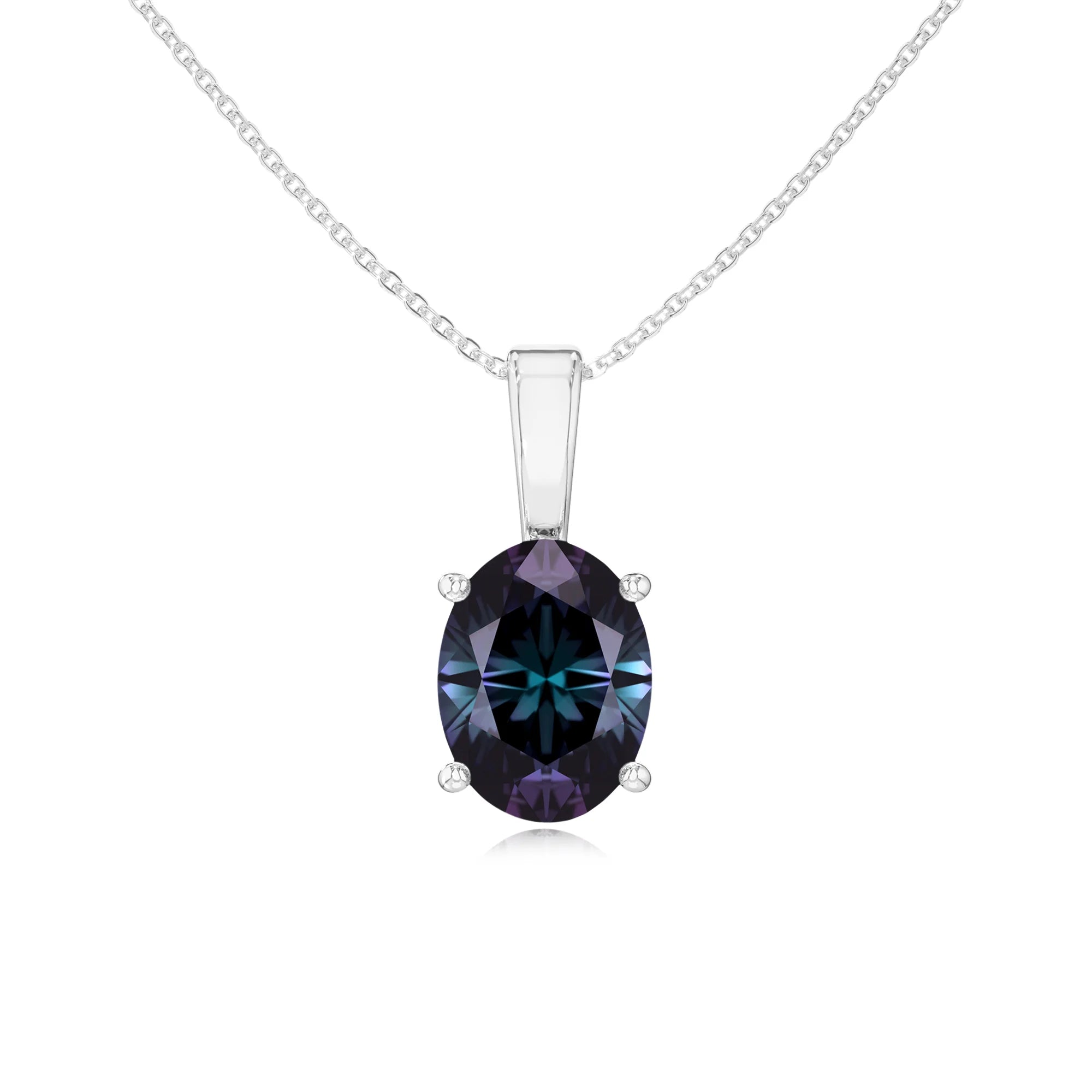 lab grown alexandrite oval solitaire necklaces in white gold
