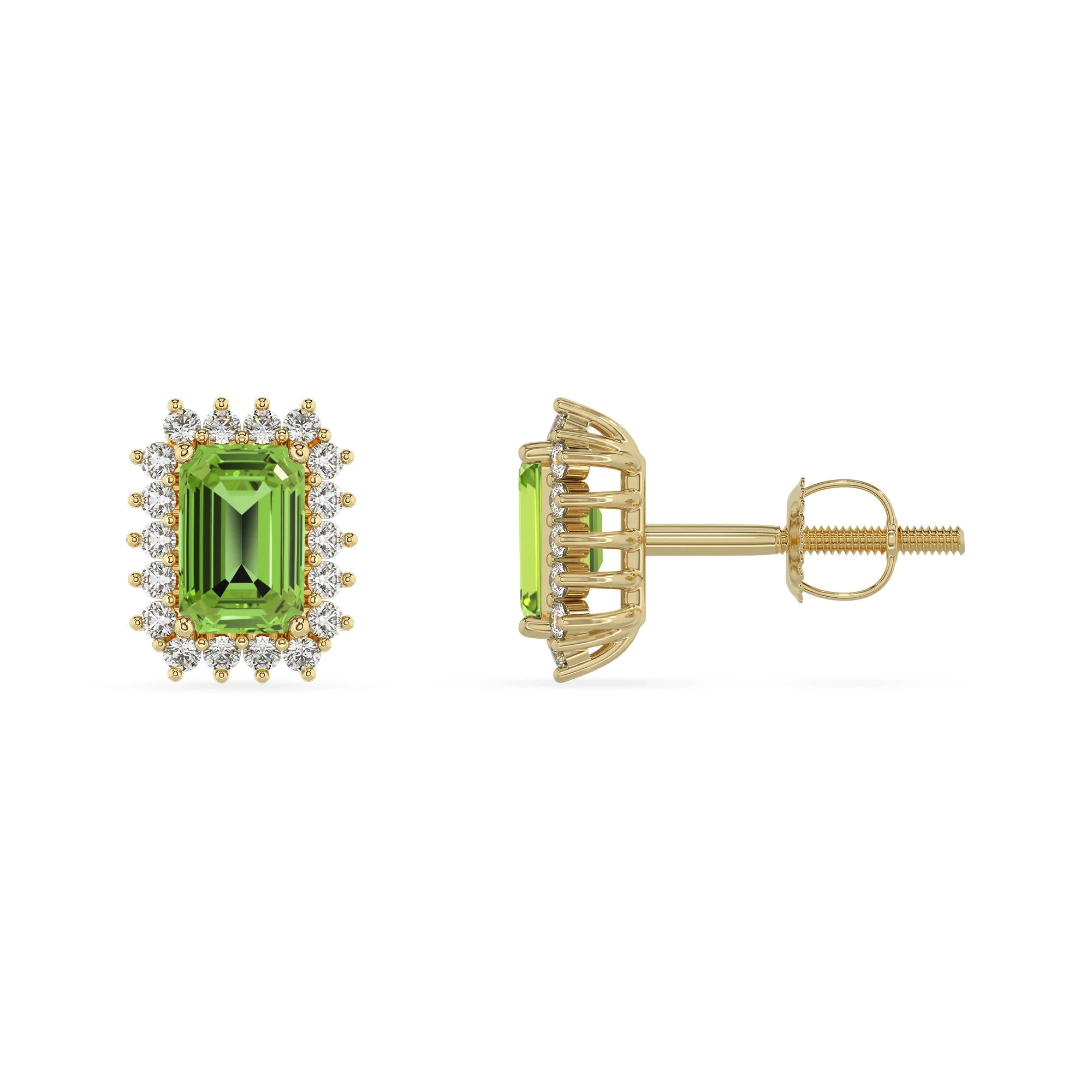 natural peridot emerald cut stud earrings in yellow gold