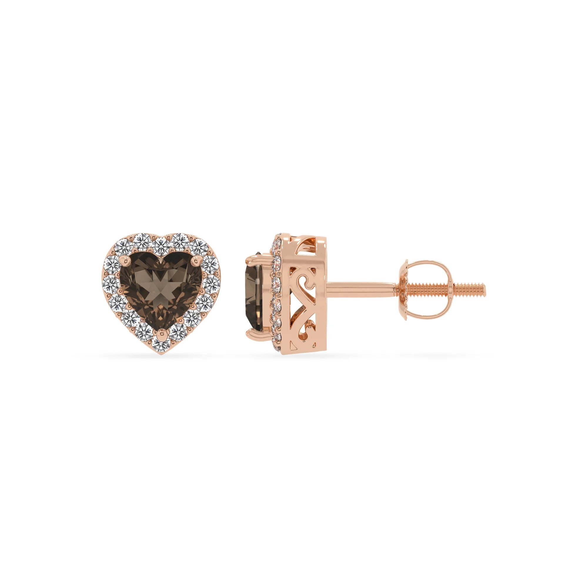 natural smoky quartz heart stud earrings in rose gold