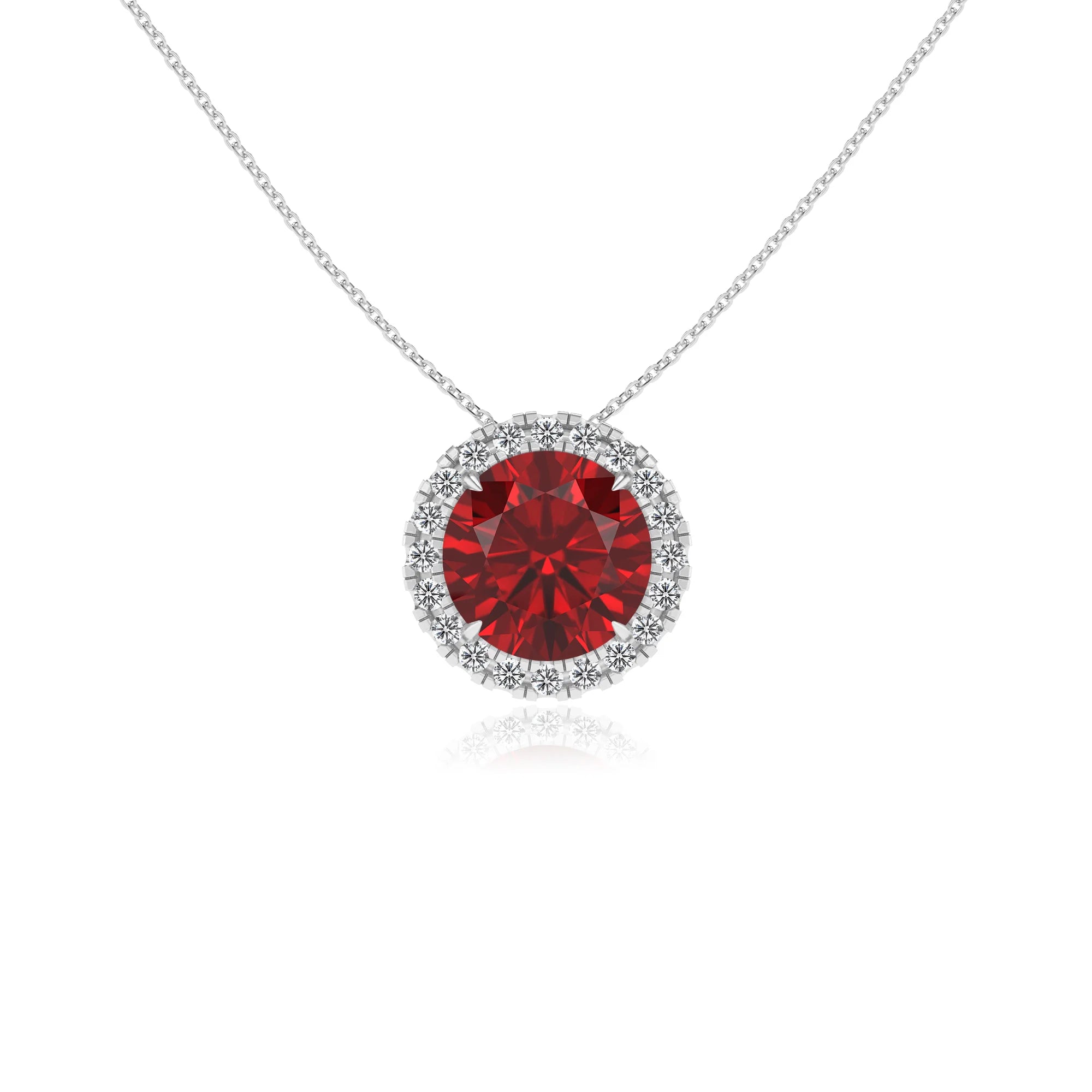 lab grown ruby round solitaire necklaces in white gold
