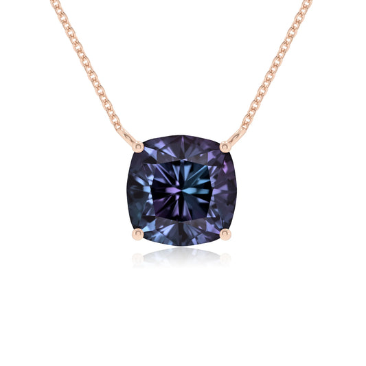 lab grown alexandrite cushion solitaire necklaces in rose gold