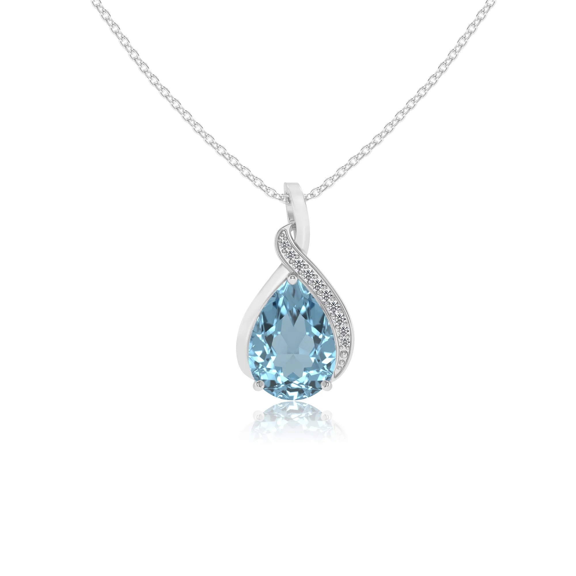 lab grown aquamarine pear solitaire necklaces in white gold