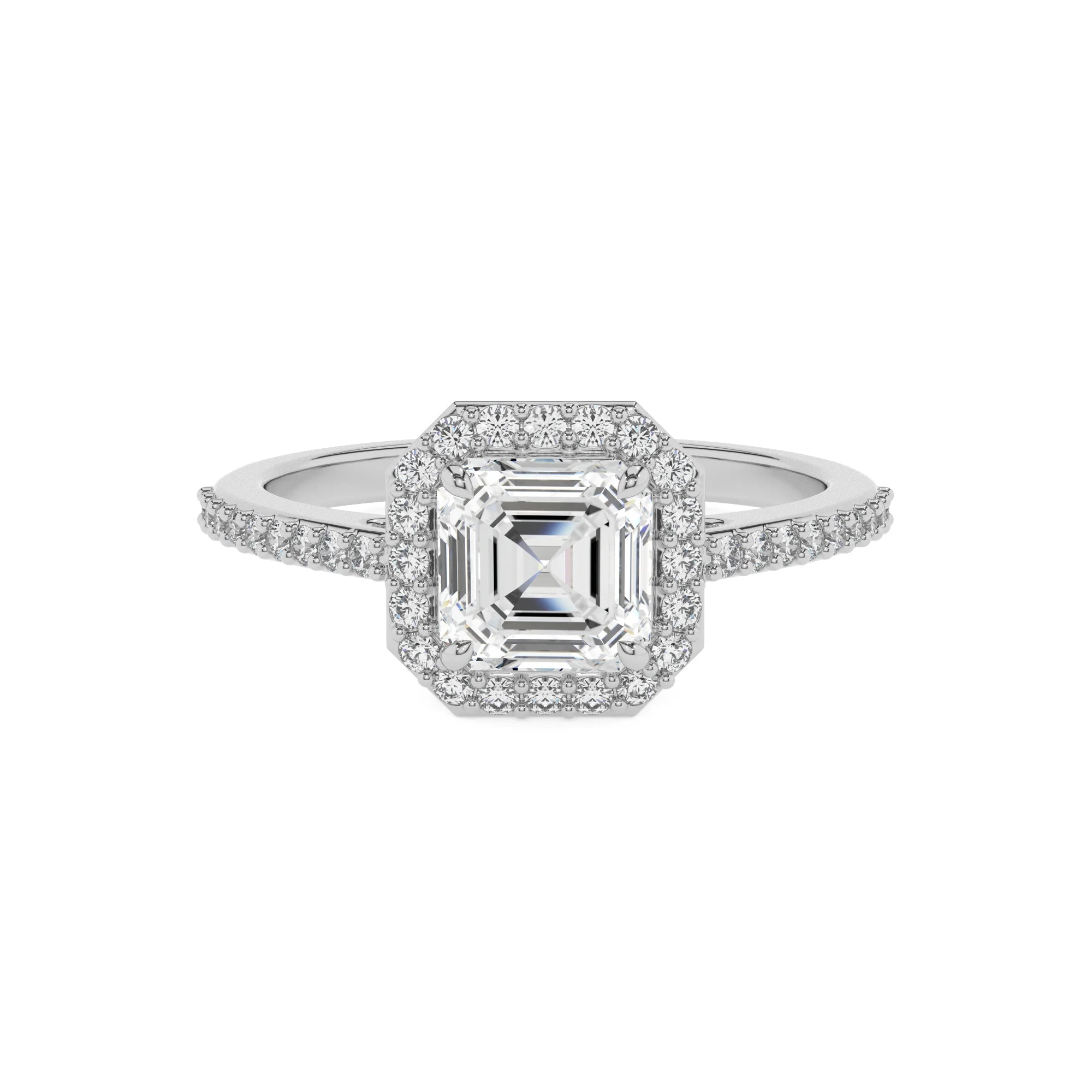 lab grown moissanite asscher solitaire rings in white gold