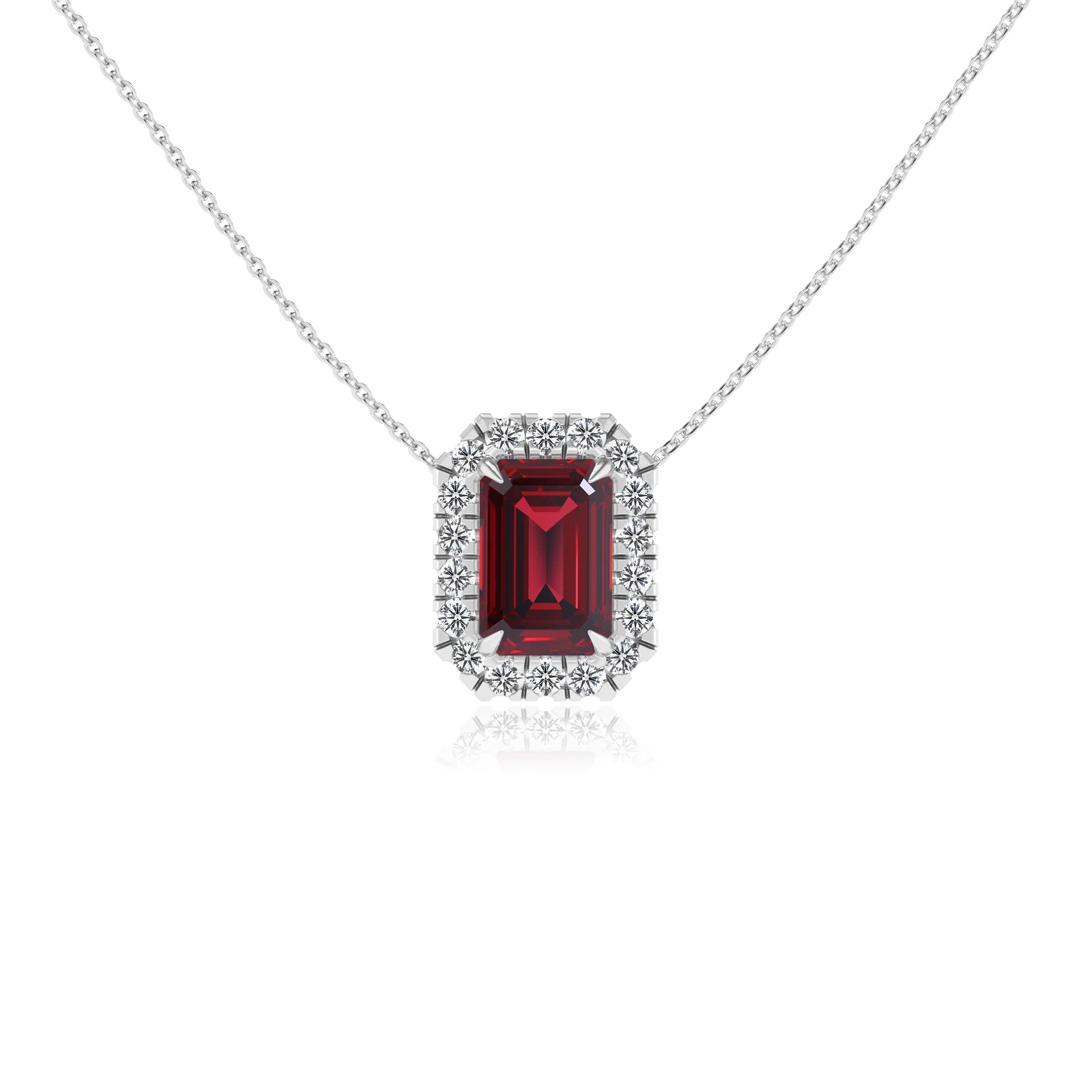 lab grown ruby emerald cut solitaire necklaces in sterling silver