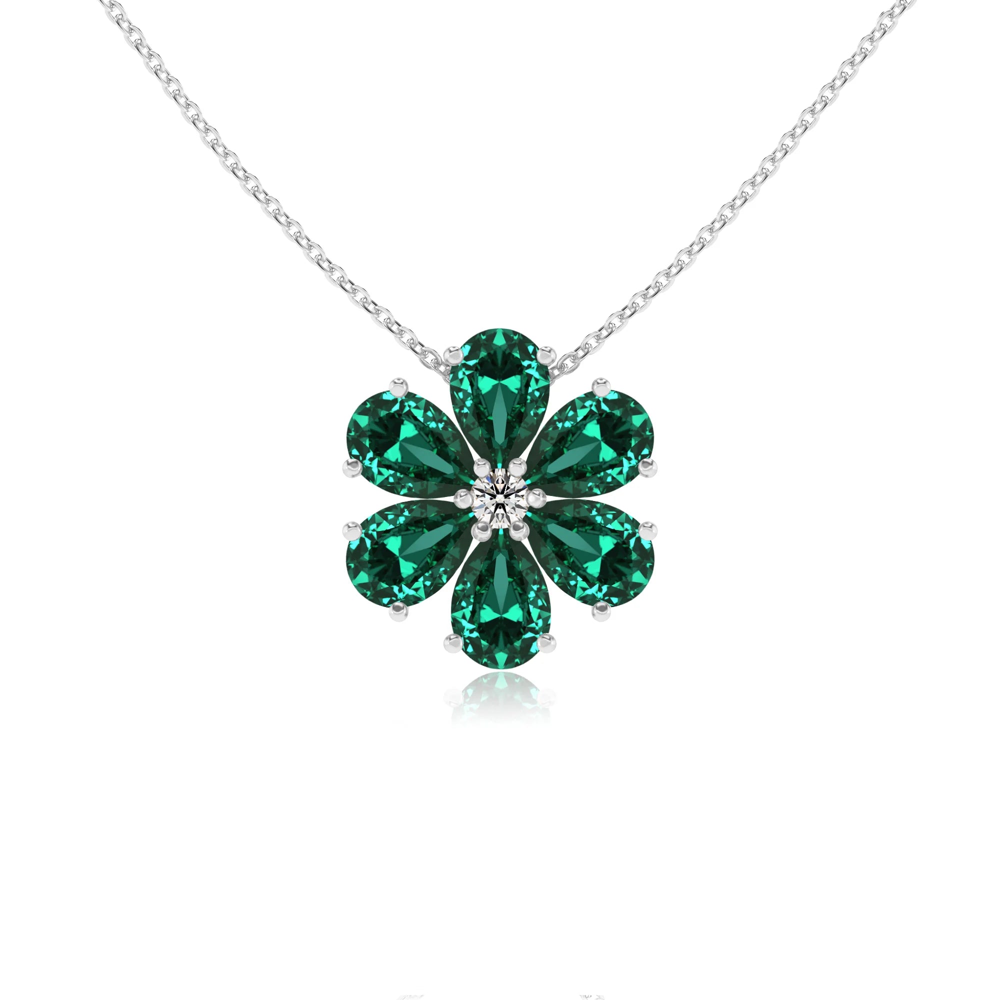lab grown emerald pear solitaire necklaces in white gold