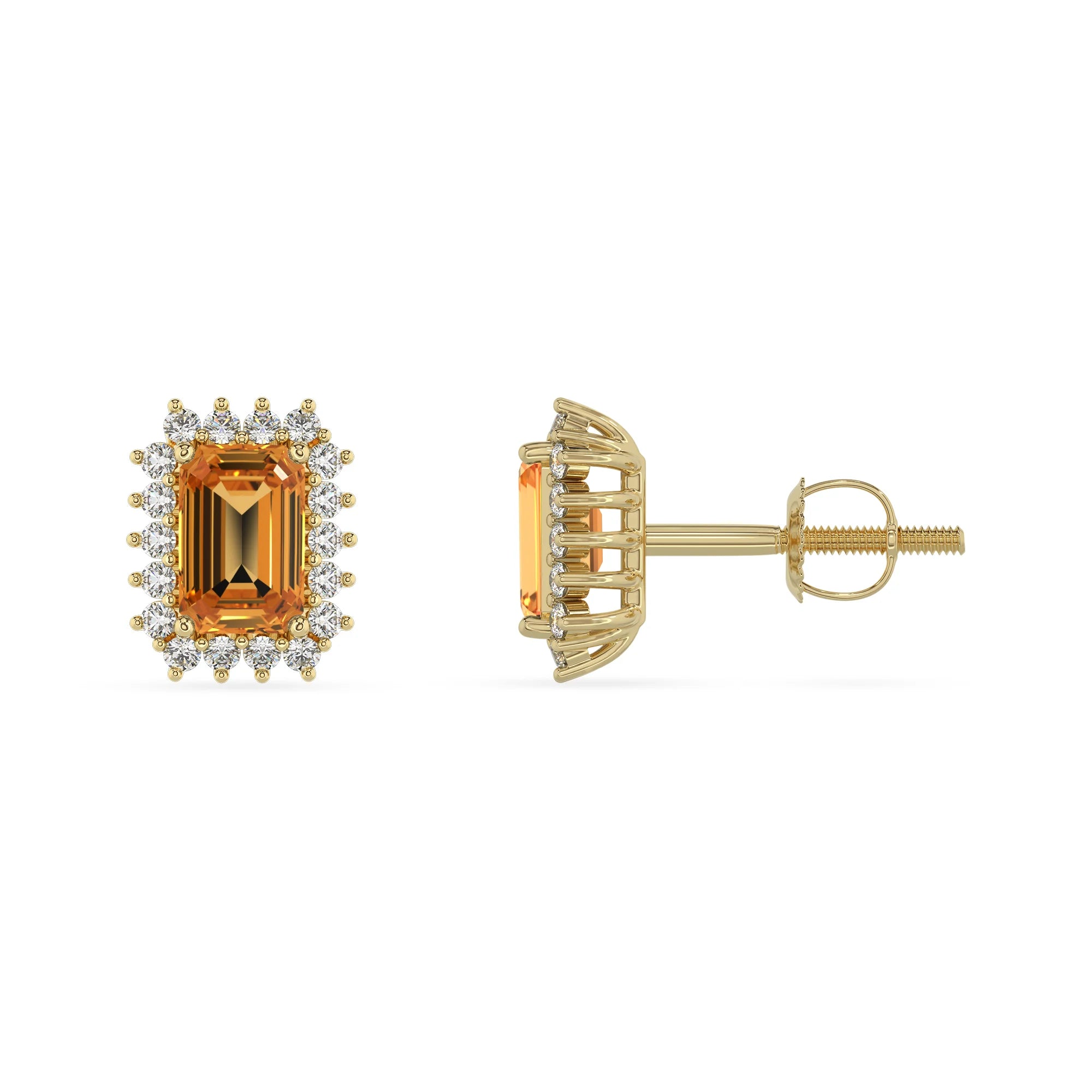 lab grown citrine emerald cut stud earrings in yellow gold