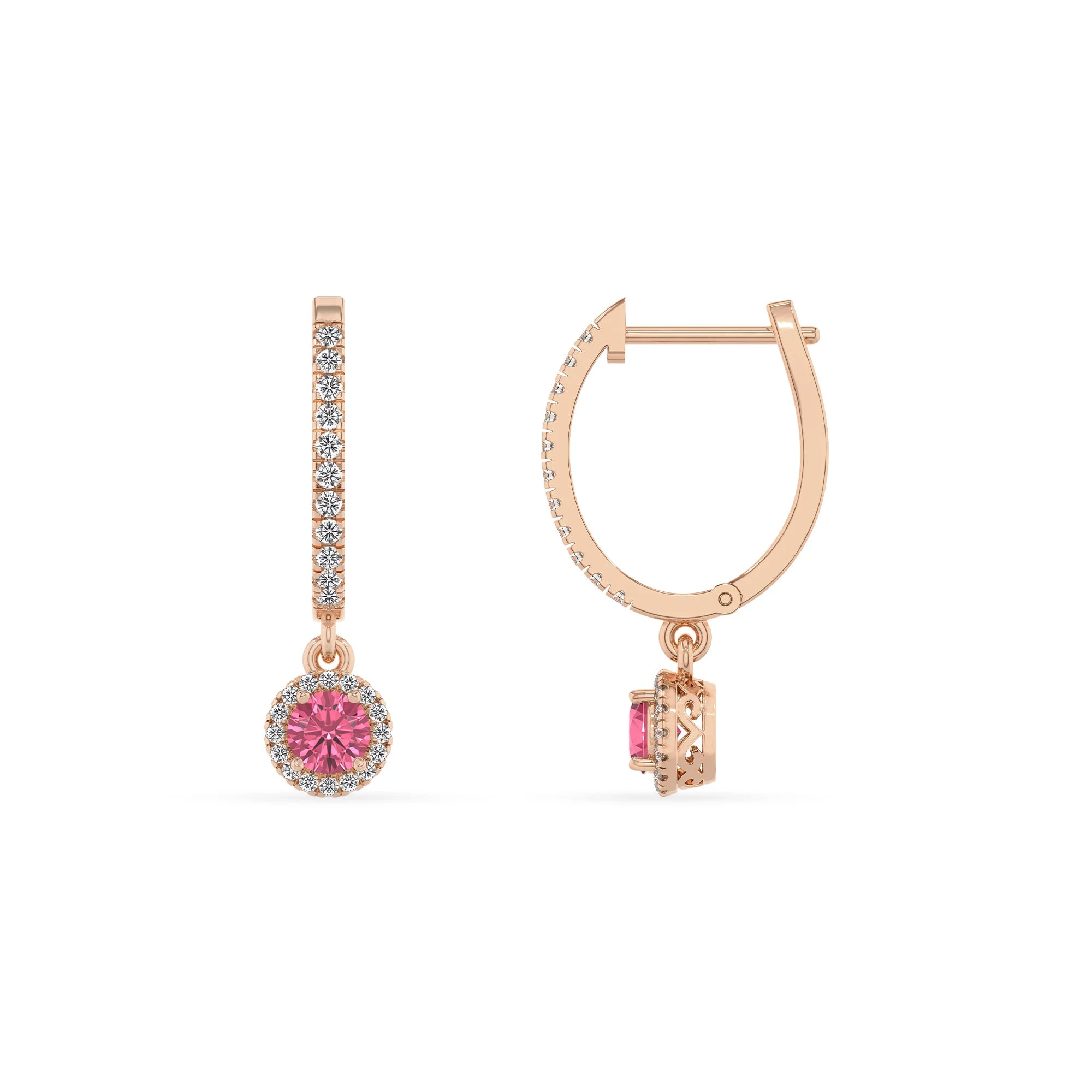 lab grown pink tourmaline round drop earrings in rose gold