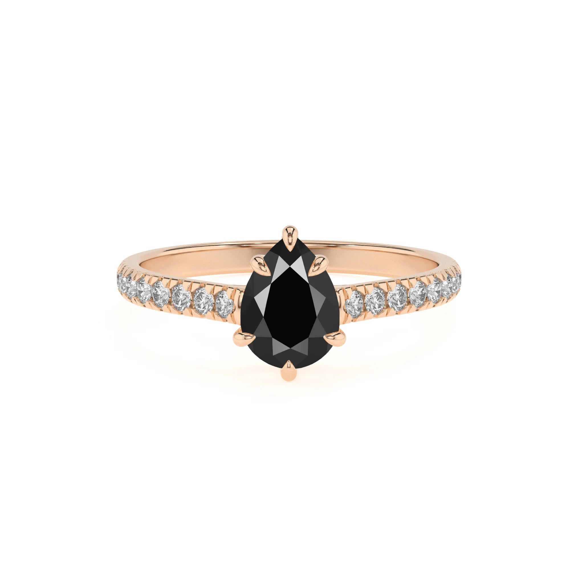 natural black-onyx pear half eternity solitaire engagement rings in rose gold