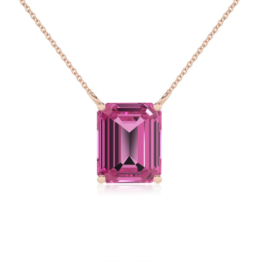 lab grown pink-sapphire emerald cut solitaire necklaces in rose gold