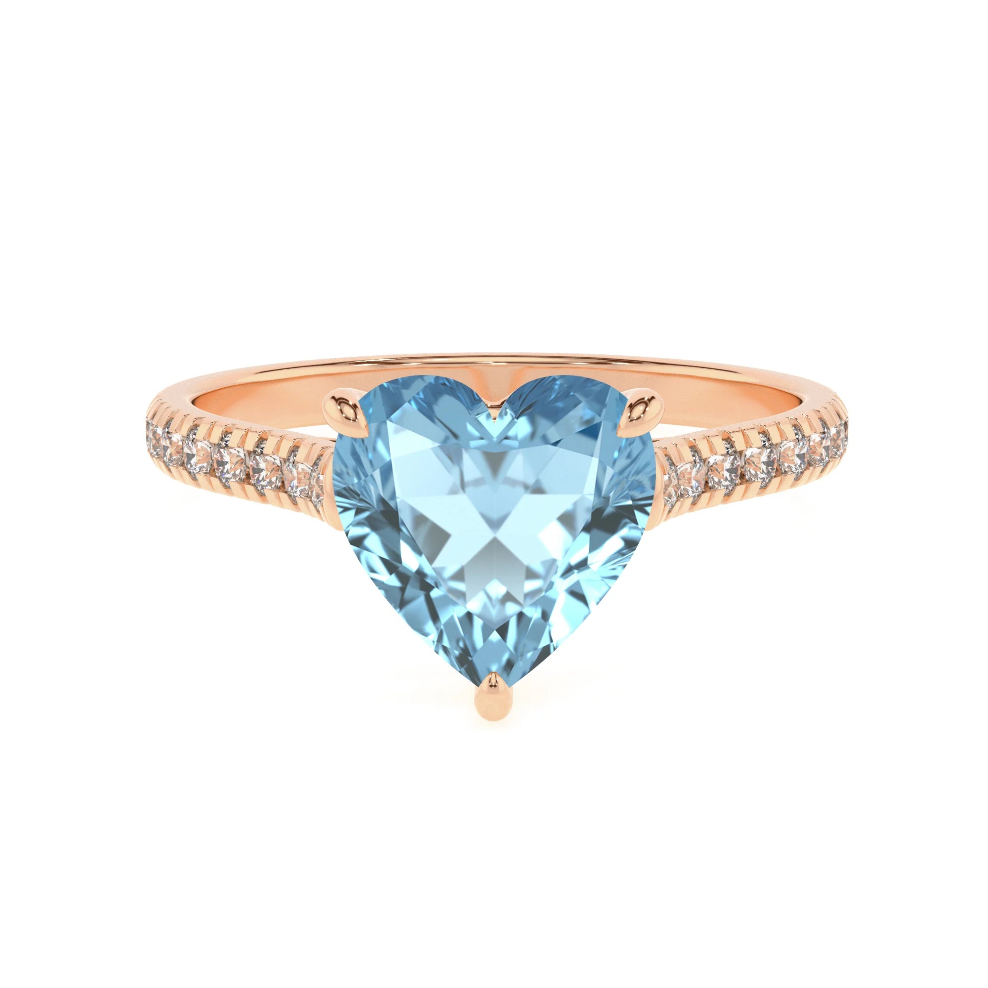 lab grown aquamarine heart half eternity solitaire engagement rings in rose gold