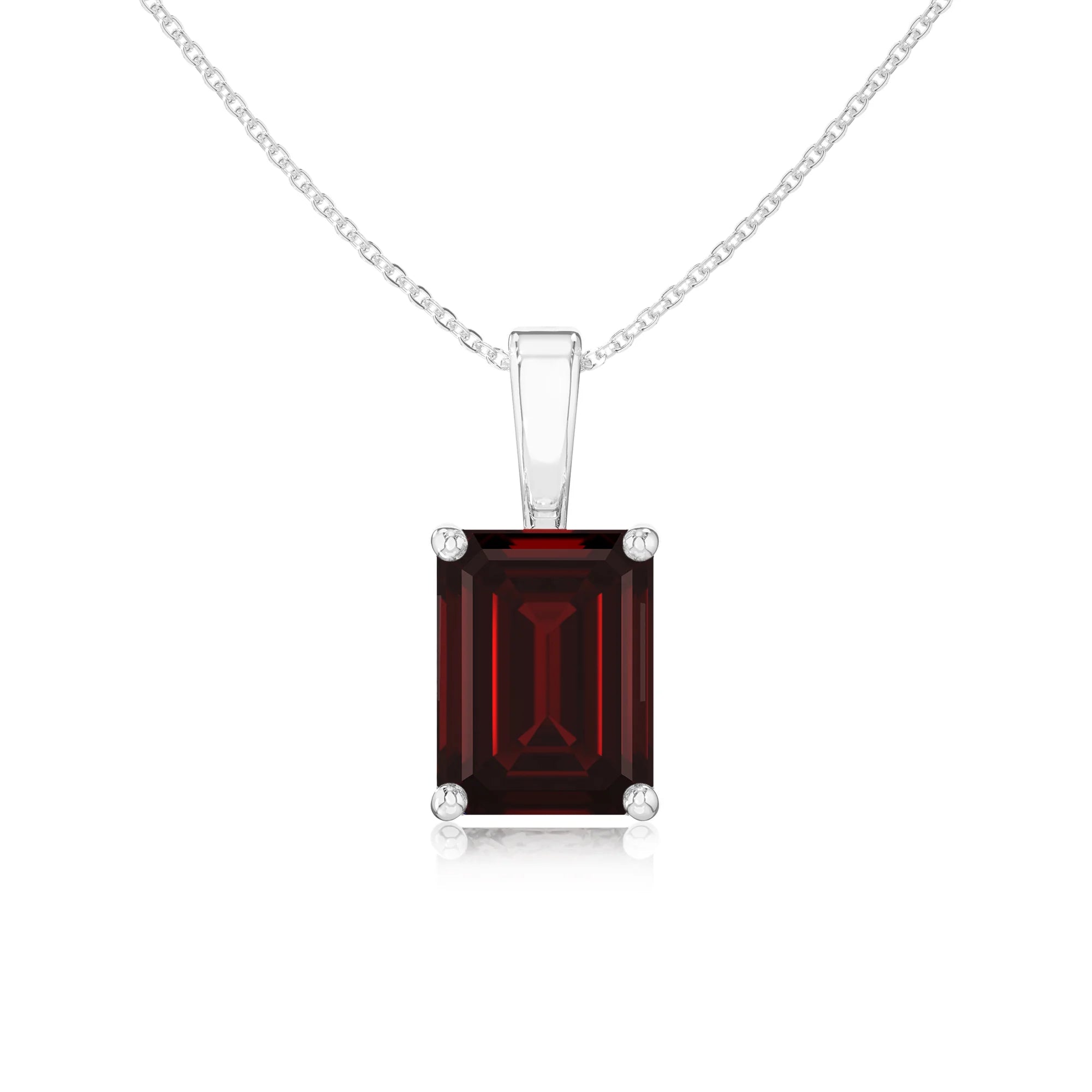 natural garnet emerald cut solitaire necklaces in white gold