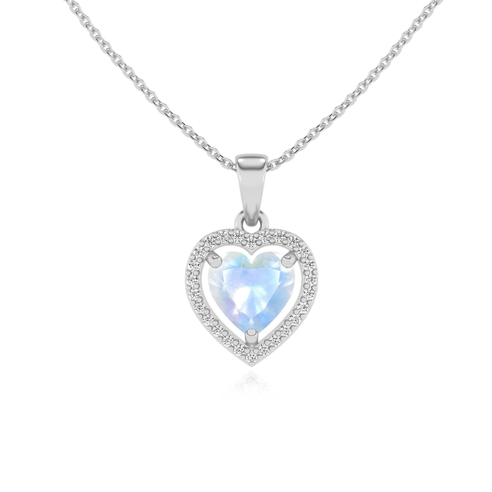 natural rainbow-moonstone heart solitaire necklaces in platinum