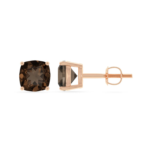 natural smoky quartz cushion stud earrings in rose gold