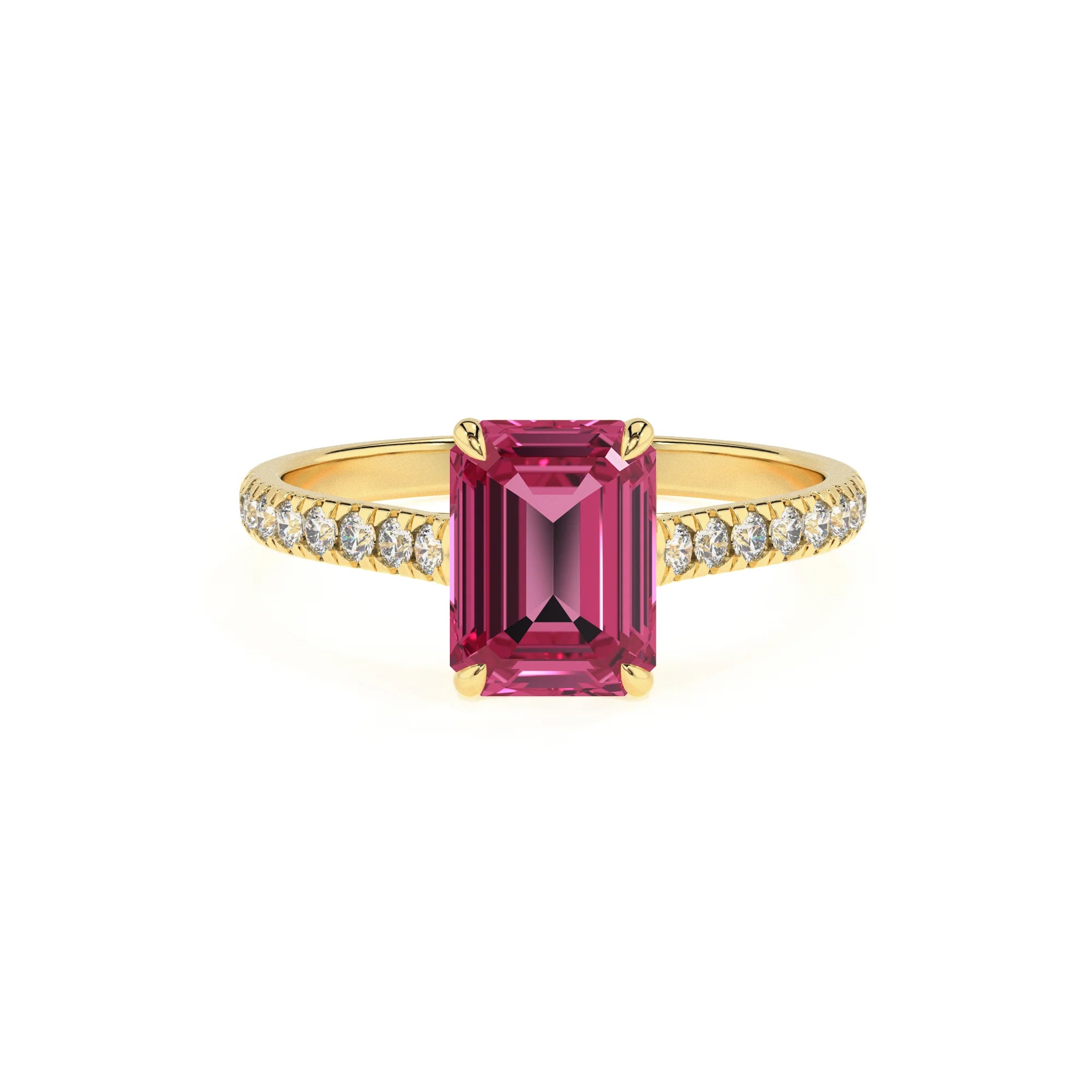lab grown pink-tourmaline emerald cut half eternity solitaire engagement rings in yellow gold