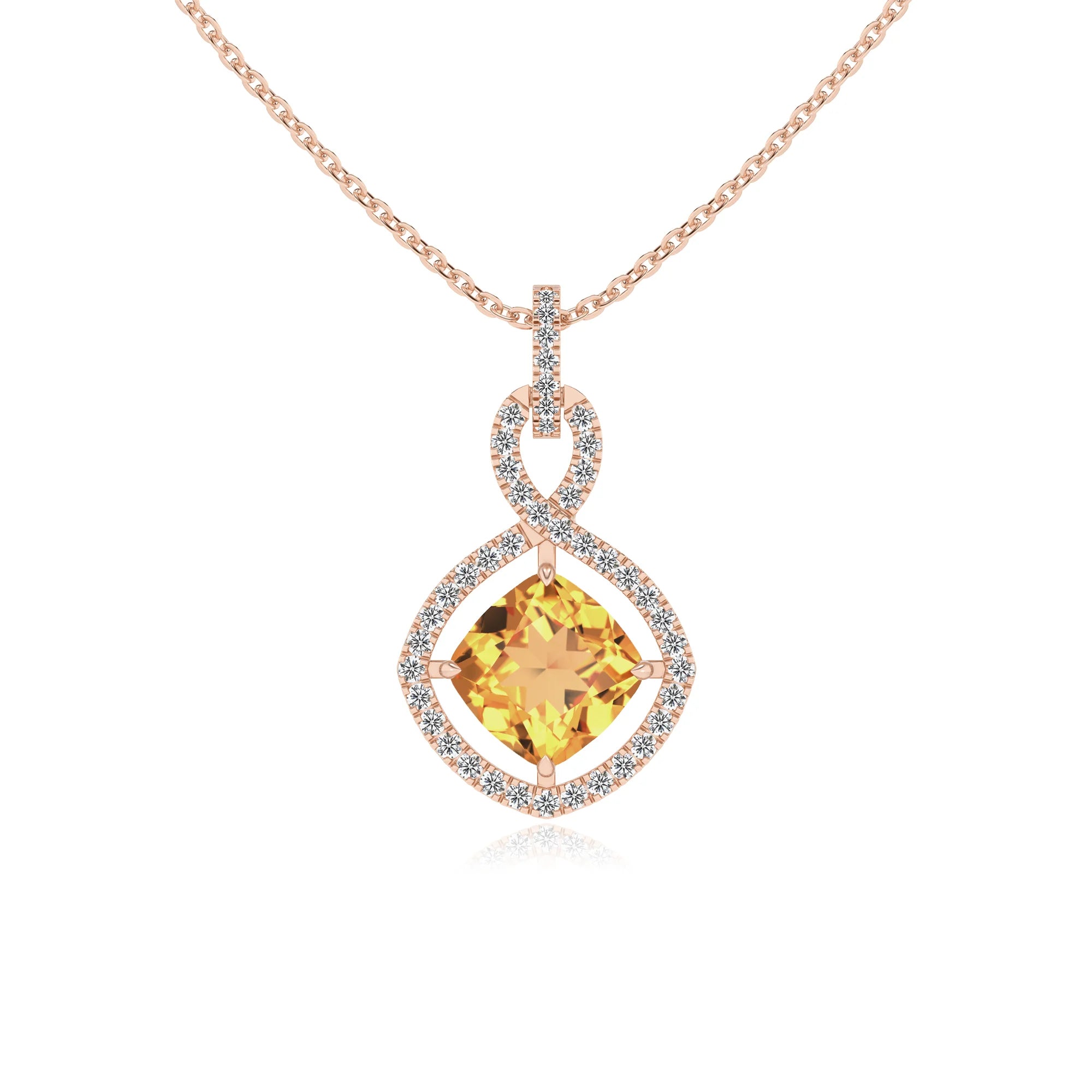 lab grown citrine cushion infinity necklaces in rose gold
