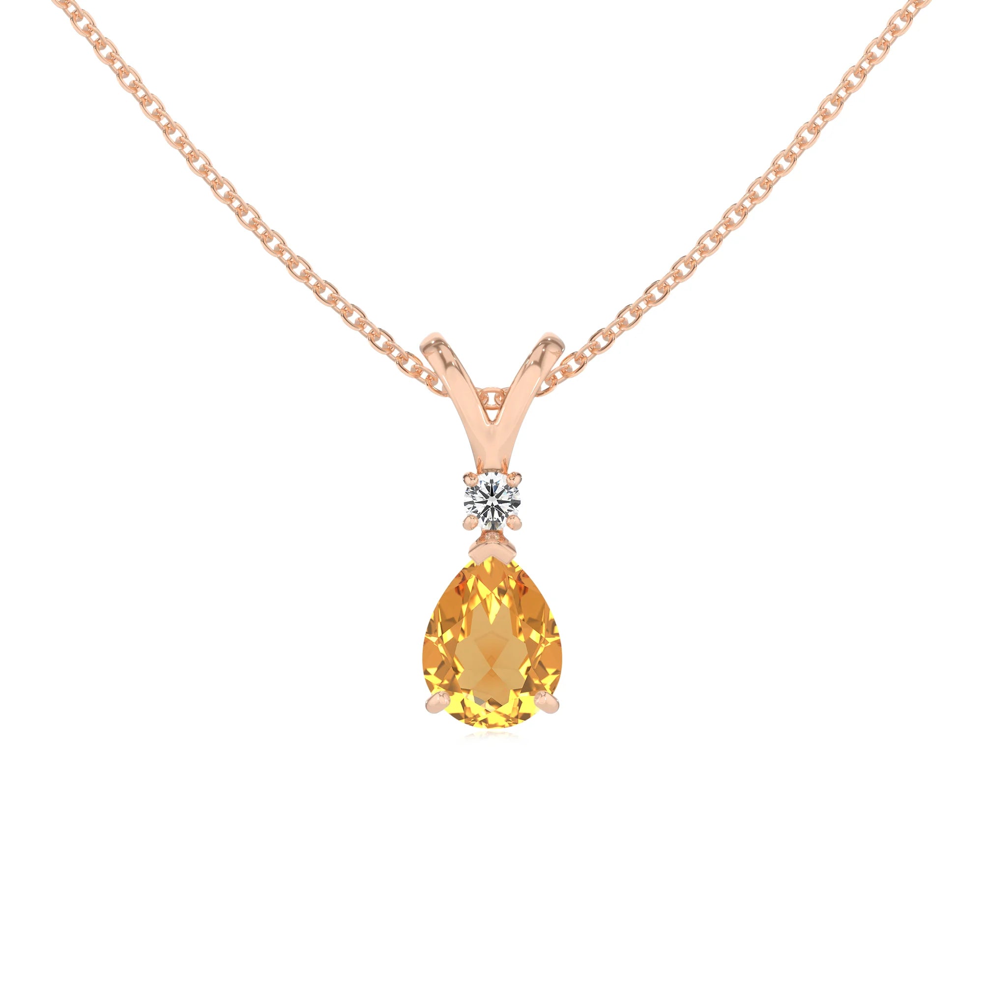 lab grown citrine pear solitaire v-bale necklaces in rose gold