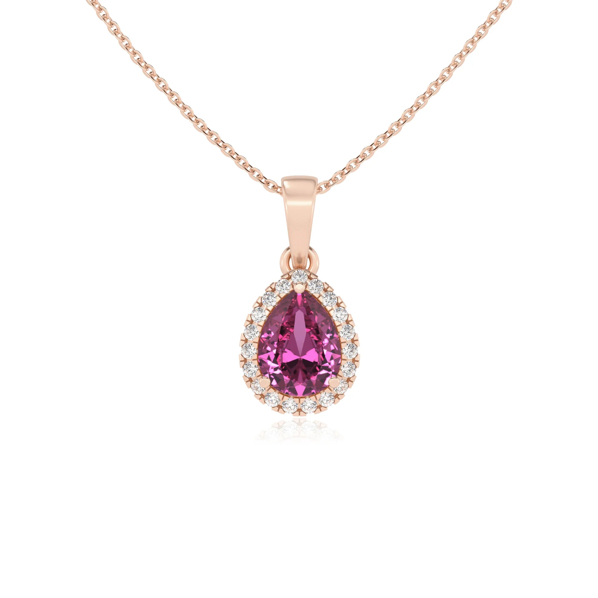 lab grown pink-sapphire pear solitaire necklaces in rose gold