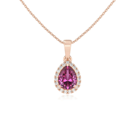 lab grown pink-sapphire pear solitaire necklaces in rose gold