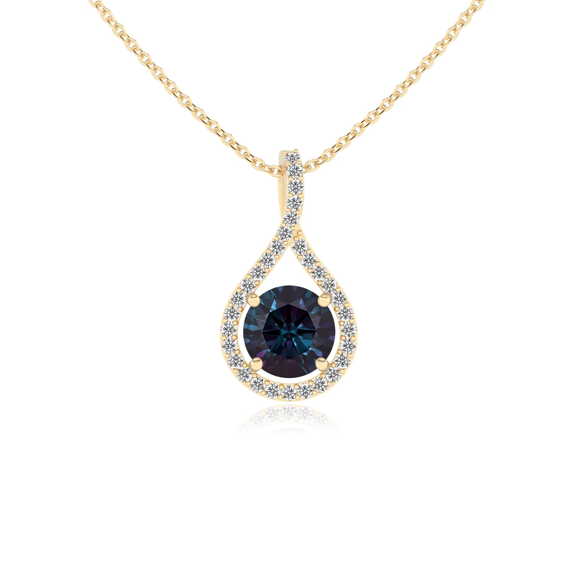 lab grown alexandrite round solitaire necklaces in yellow gold