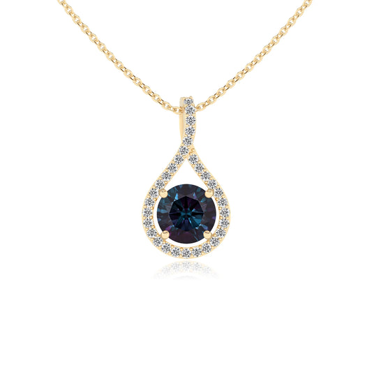 lab grown alexandrite round solitaire necklaces in yellow gold