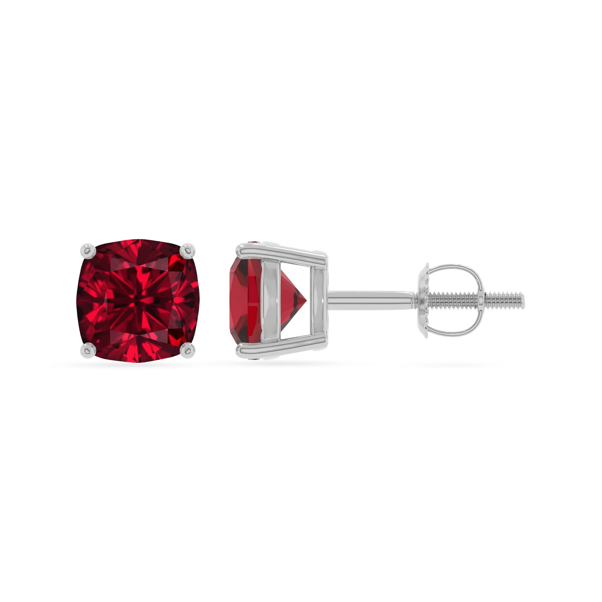 lab grown ruby cushion stud earrings in white gold