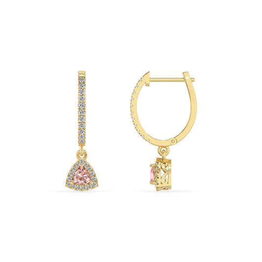 lab grown morganite trillion drop earrings in yellow gold