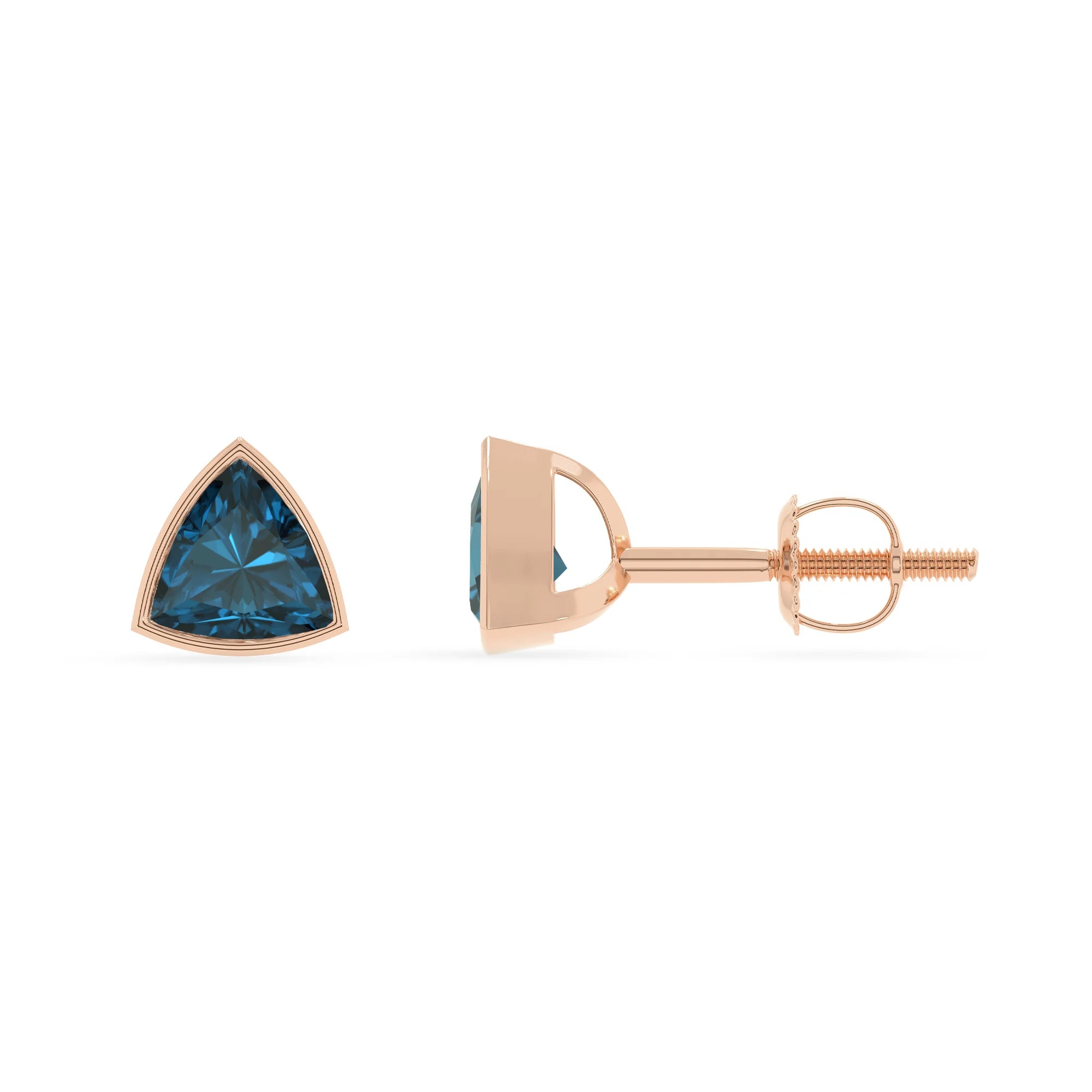 natural london blue topaz trillion stud earrings in rose gold