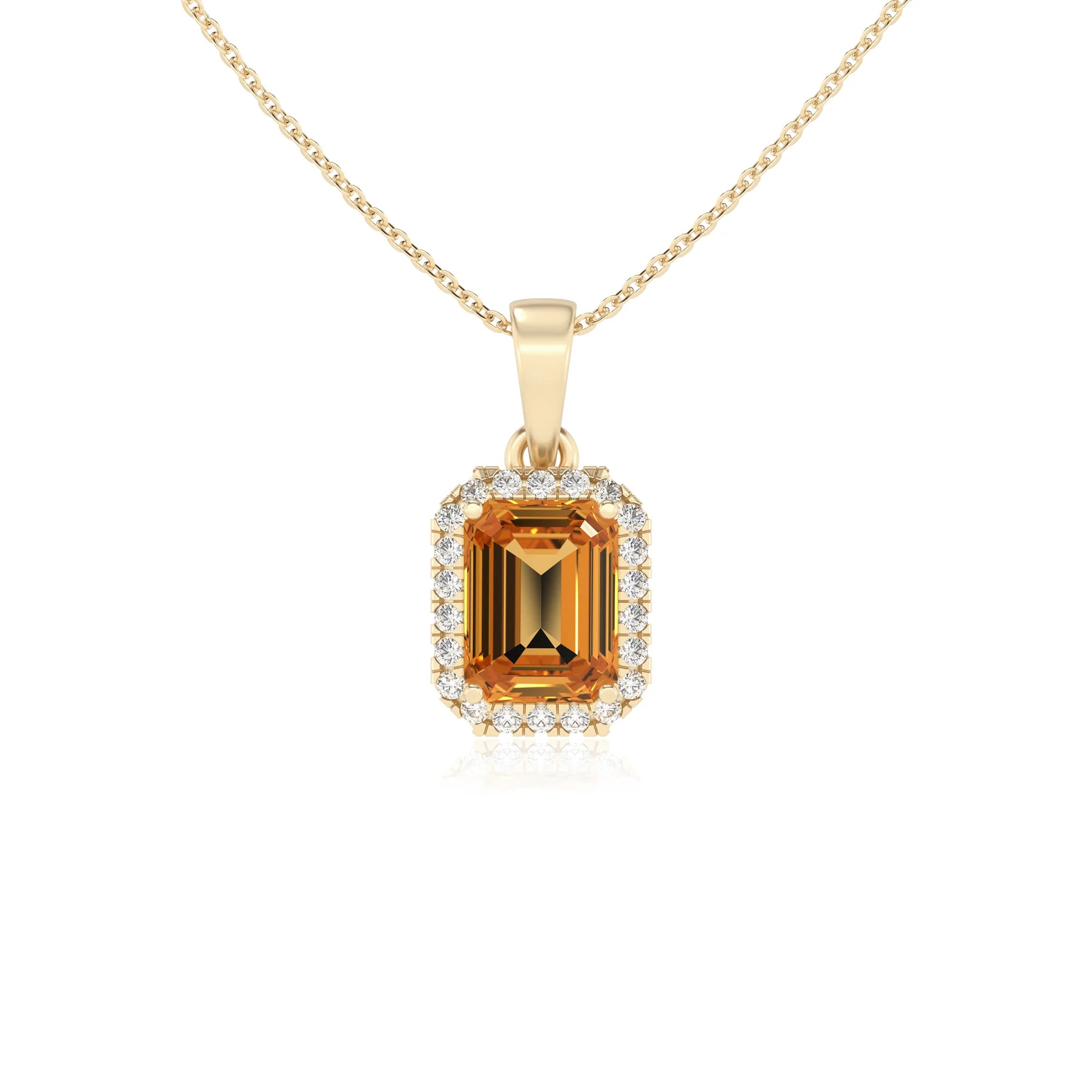 lab grown citrine emerald cut solitaire necklaces in yellow gold
