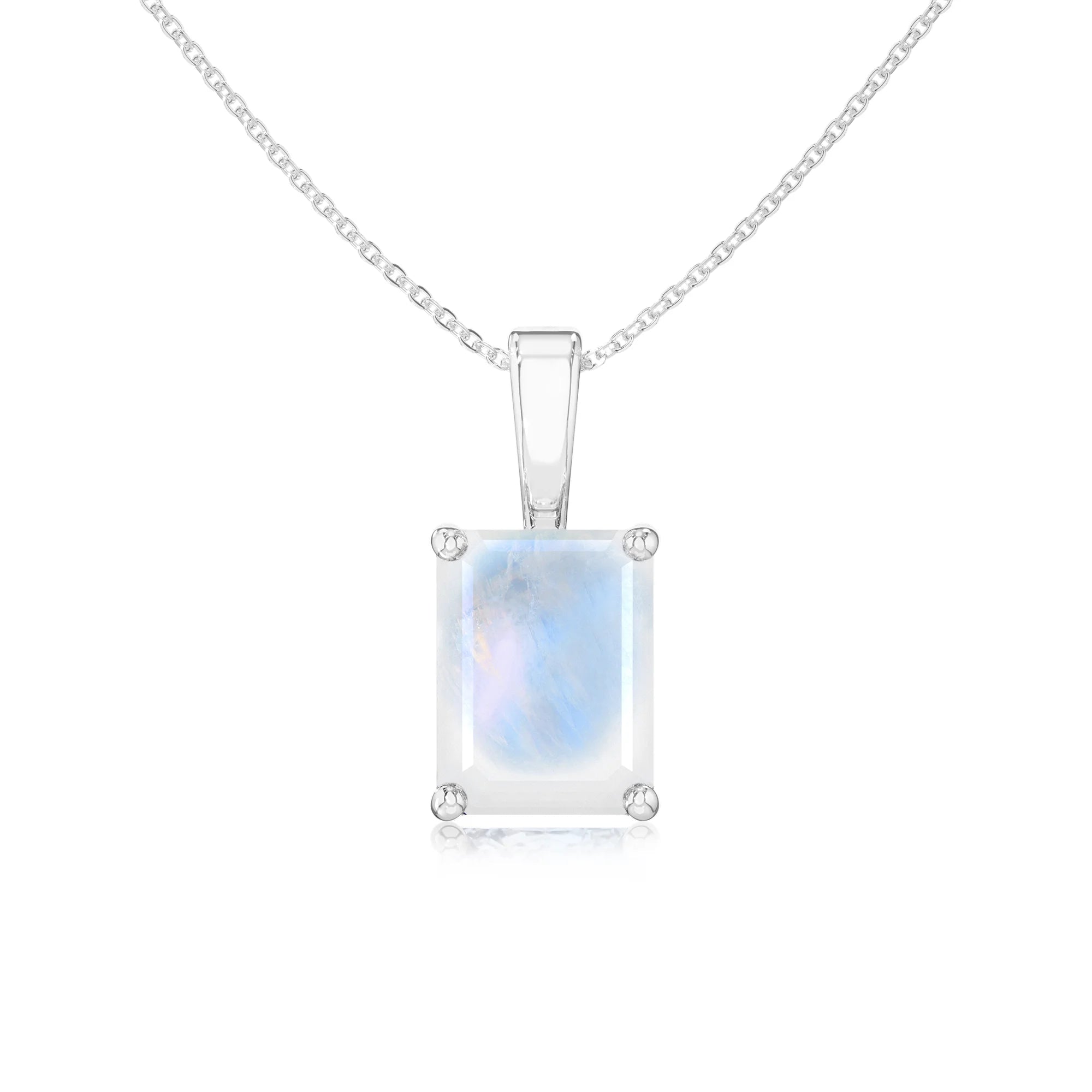 natural rainbow-moonstone emerald cut solitaire necklaces in platinum