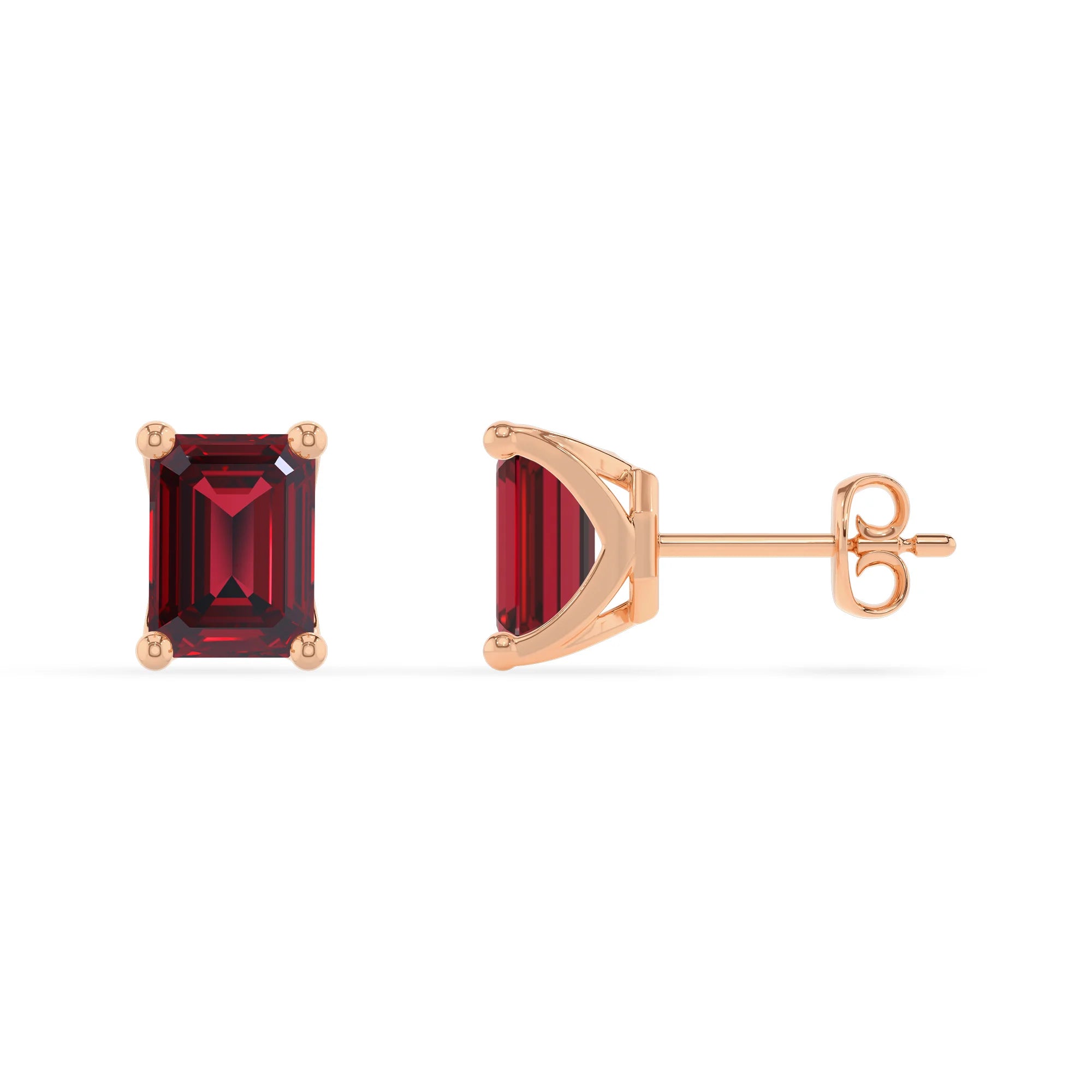 lab grown ruby emerald cut stud earrings in rose gold