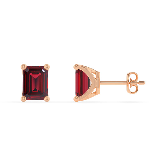 lab grown ruby emerald cut stud earrings in rose gold