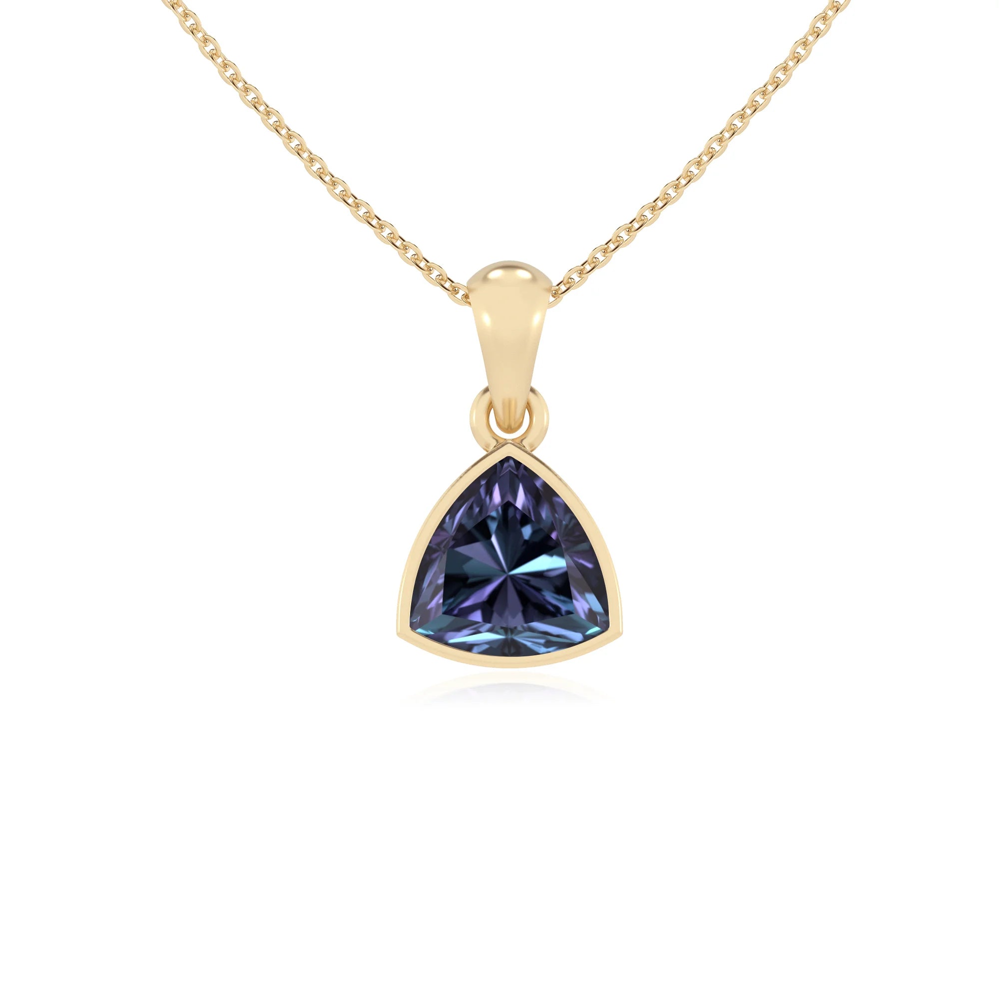 lab grown alexandrite trillion solitaire necklaces in yellow gold