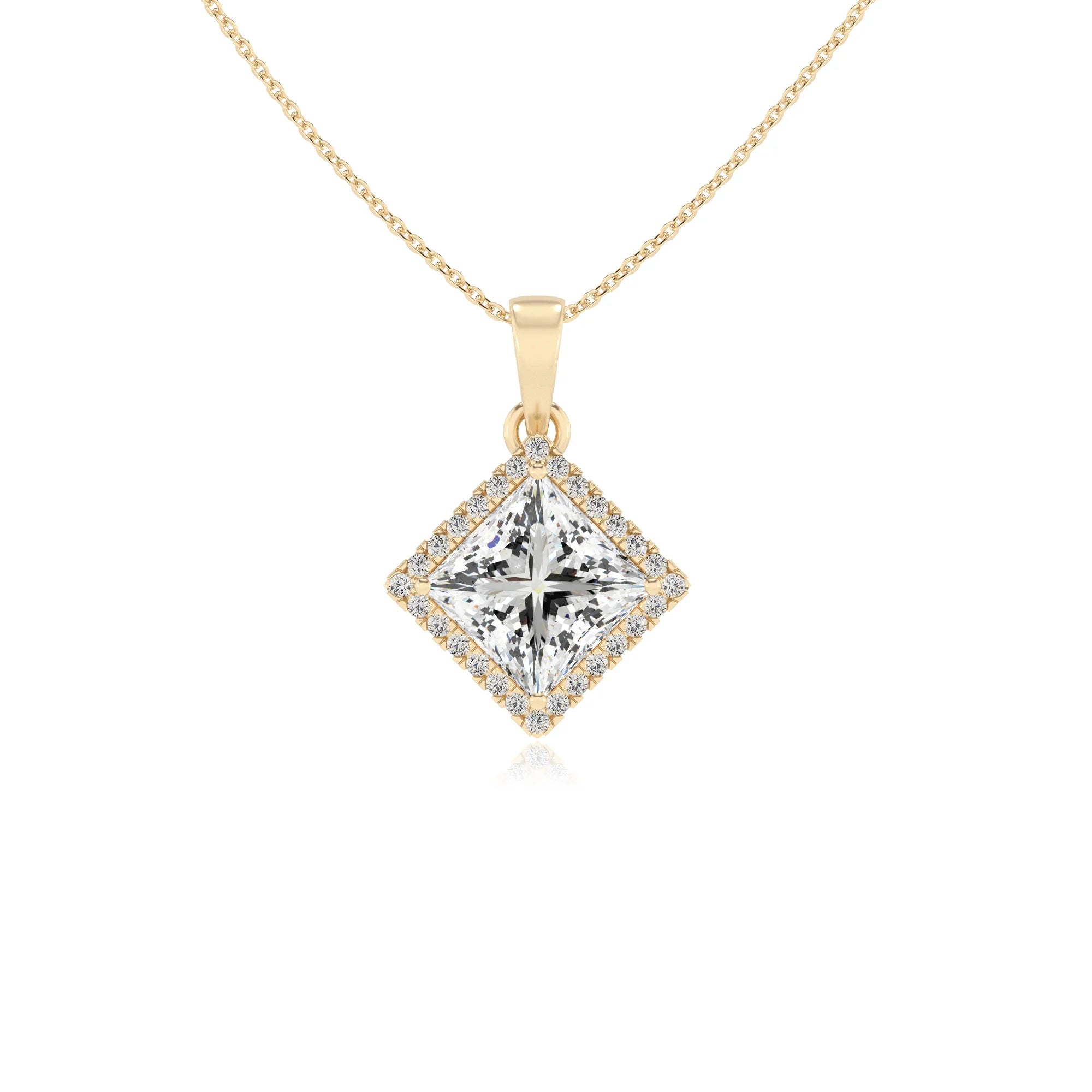 lab grown moissanite princess solitaire necklaces in yellow gold
